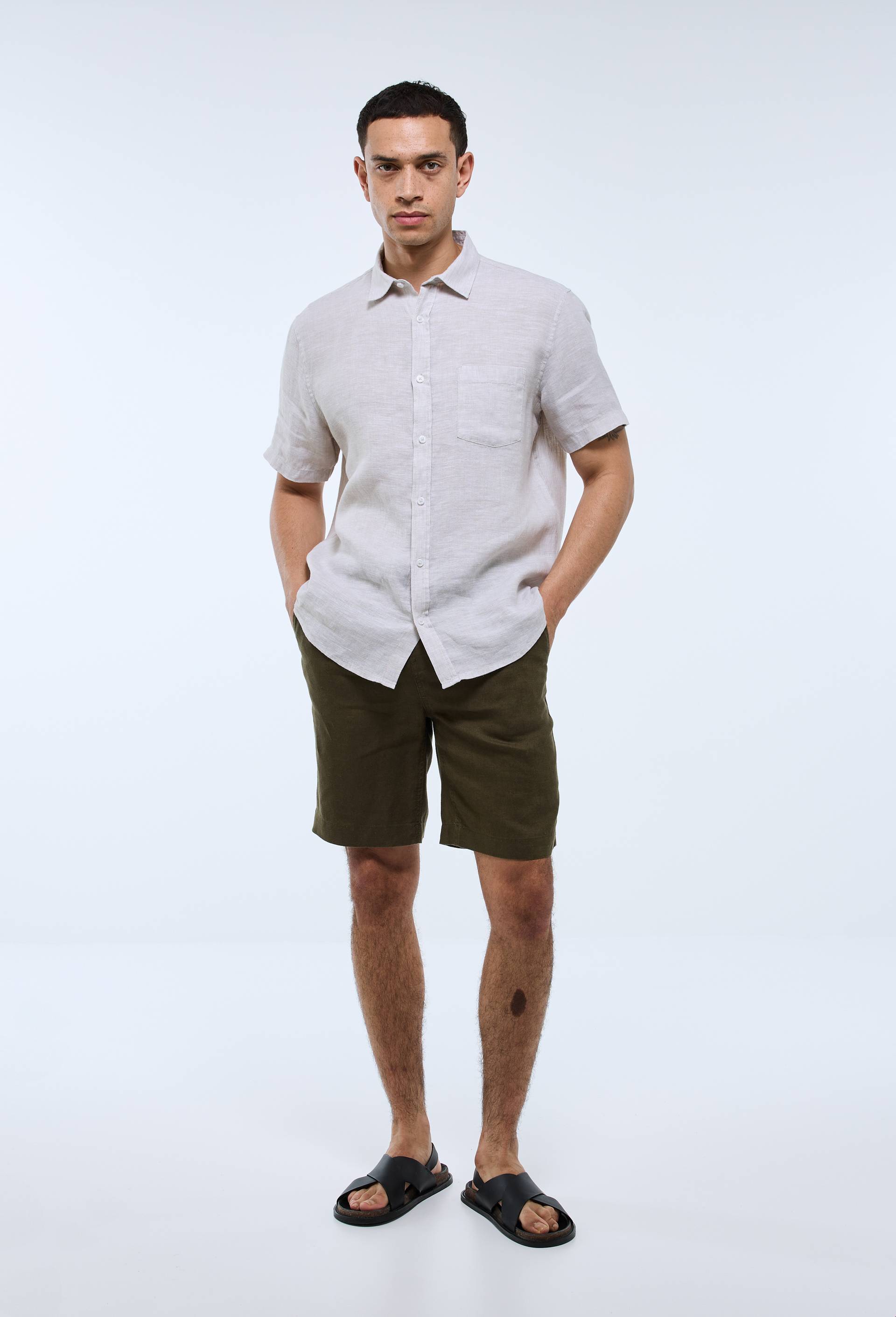 Bermuda &eacute;lastiqu&eacute; en lin, Vert fonc&eacute;, large image number 0
