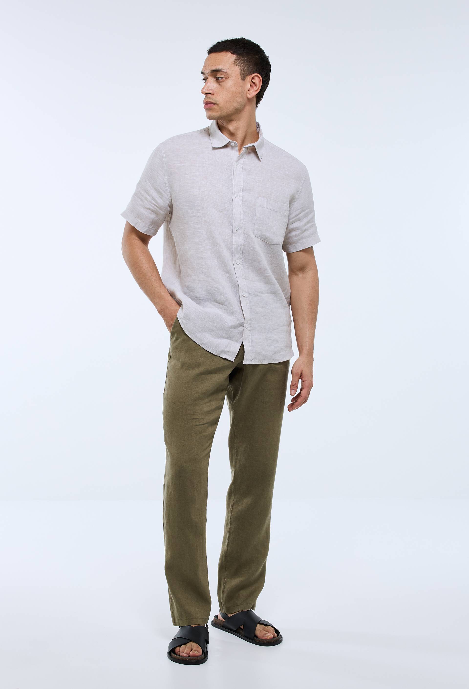 Pantalon boutonné en lin, Vert foncé, swatch image
