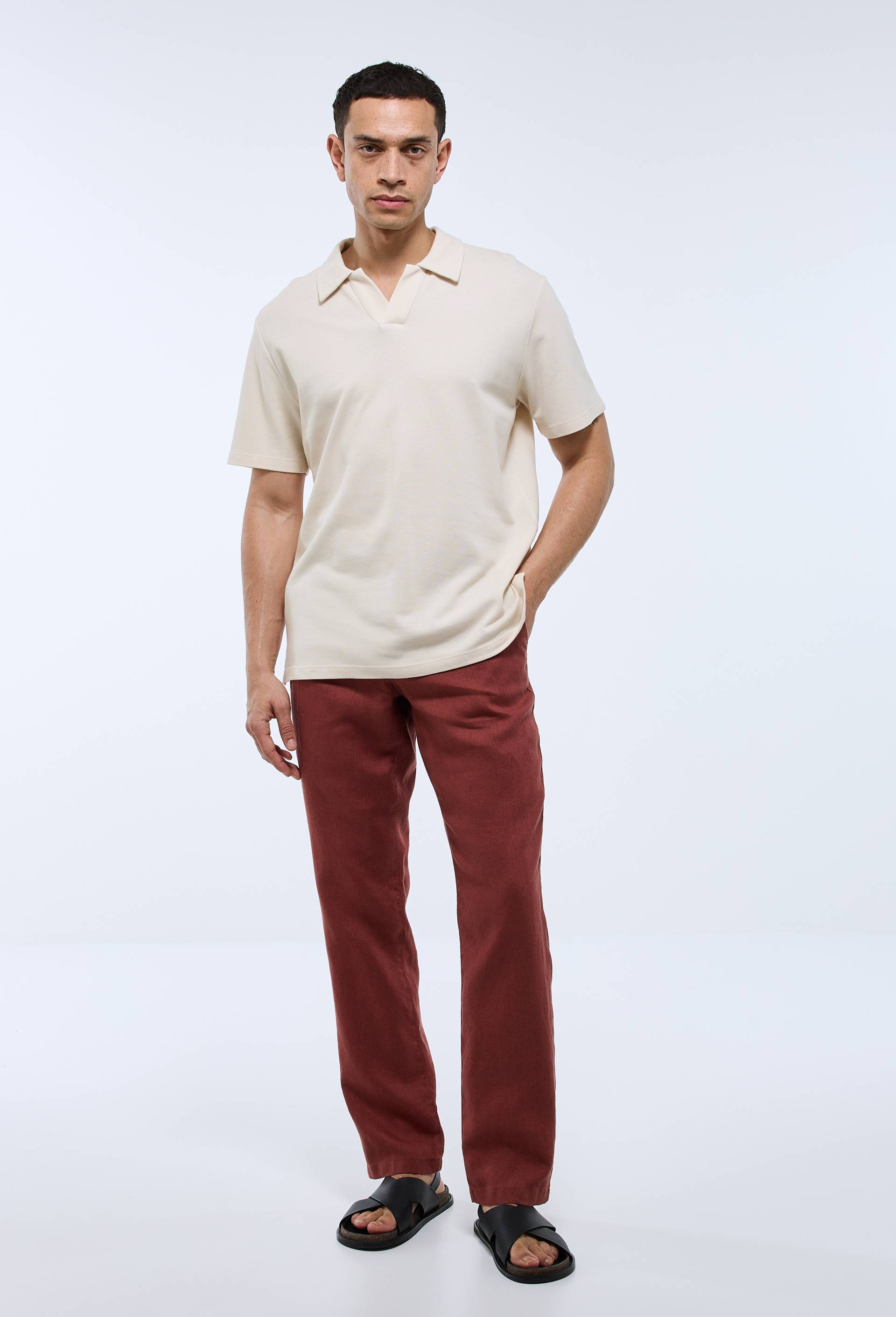 Pantalon boutonné en lin, Brun, swatch image