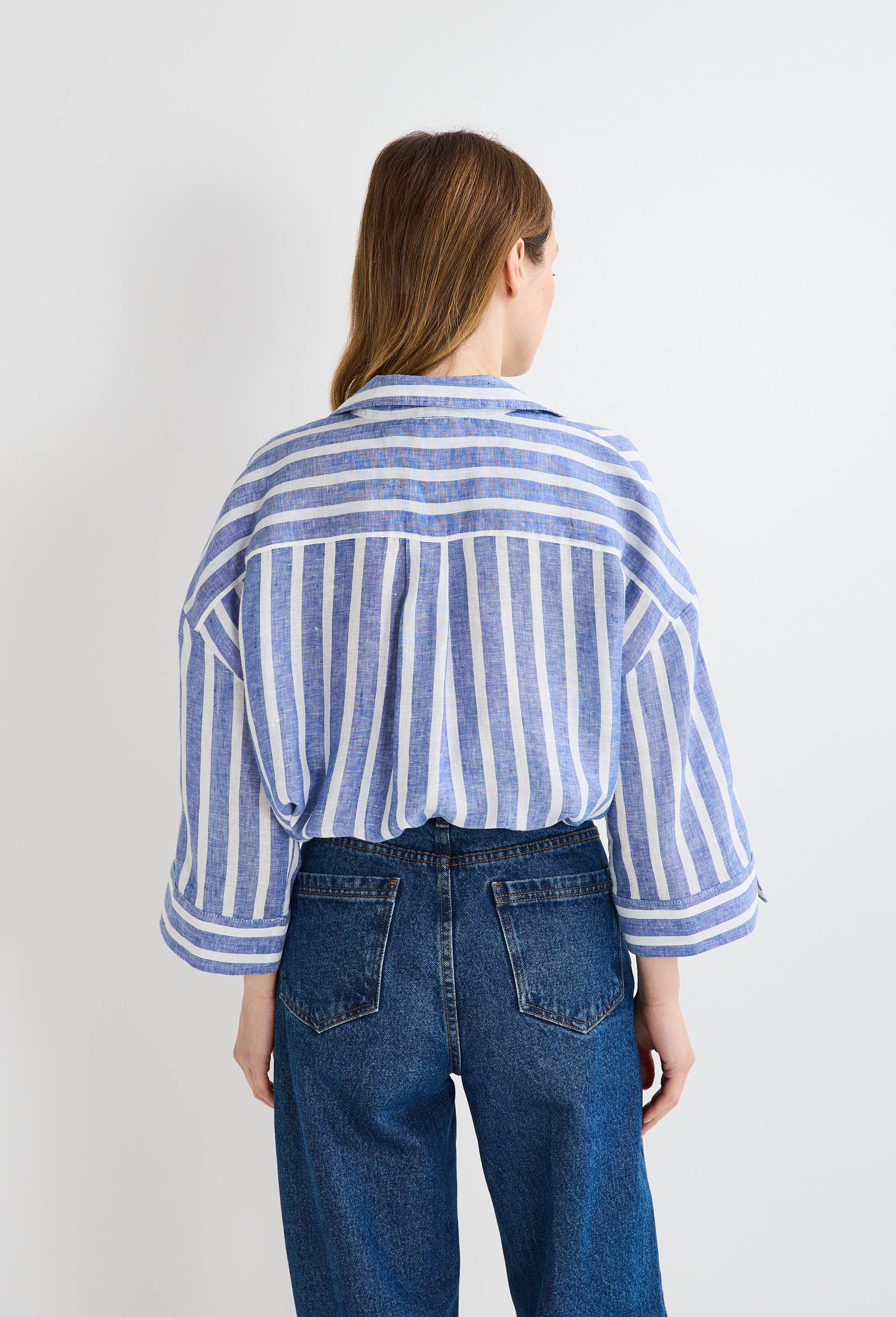 Blouse manches trois quarts ray&eacute;e en lin, Bleu, large image number 1