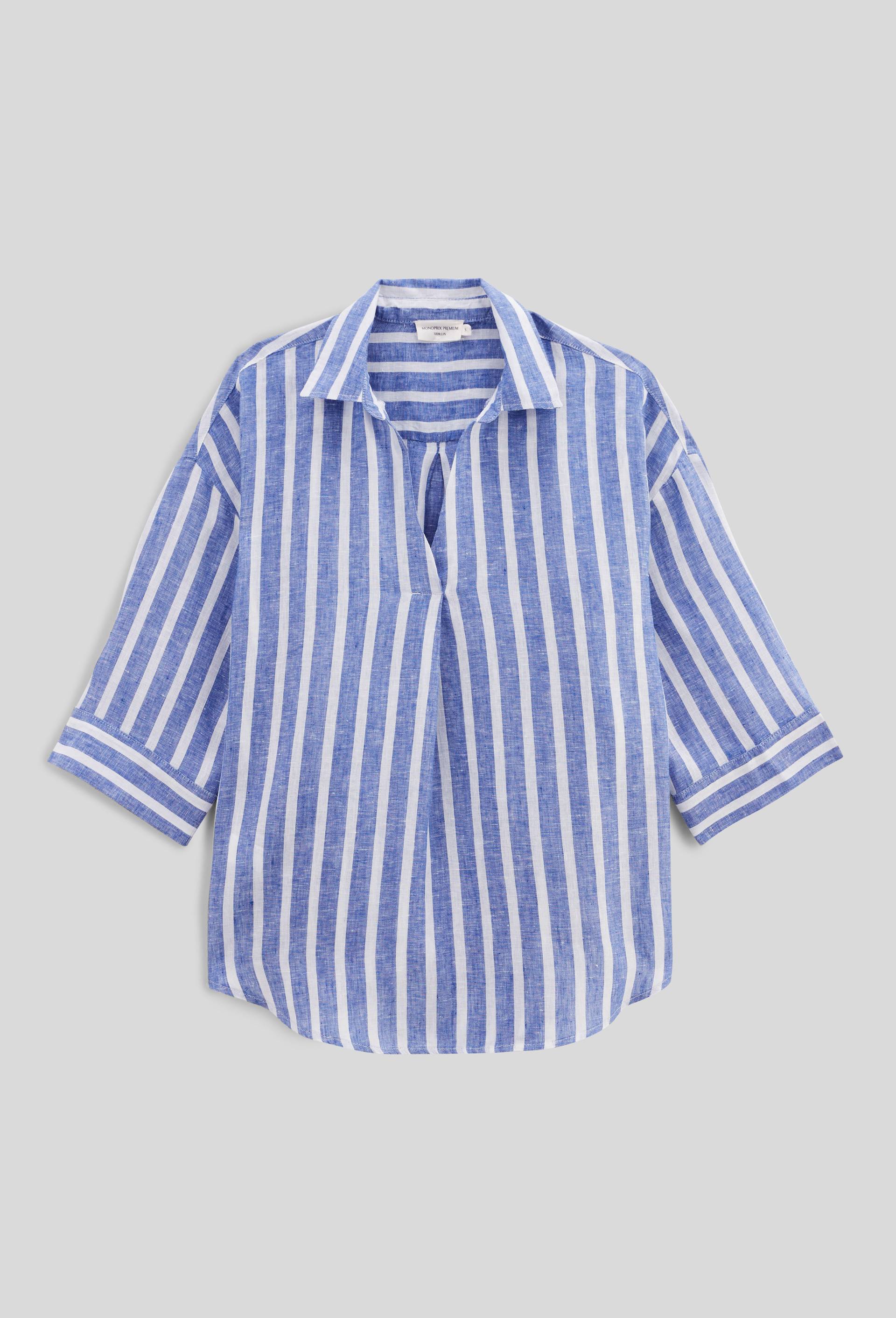 Blouse manches trois quarts ray&eacute;e en lin, Bleu, large image number 2