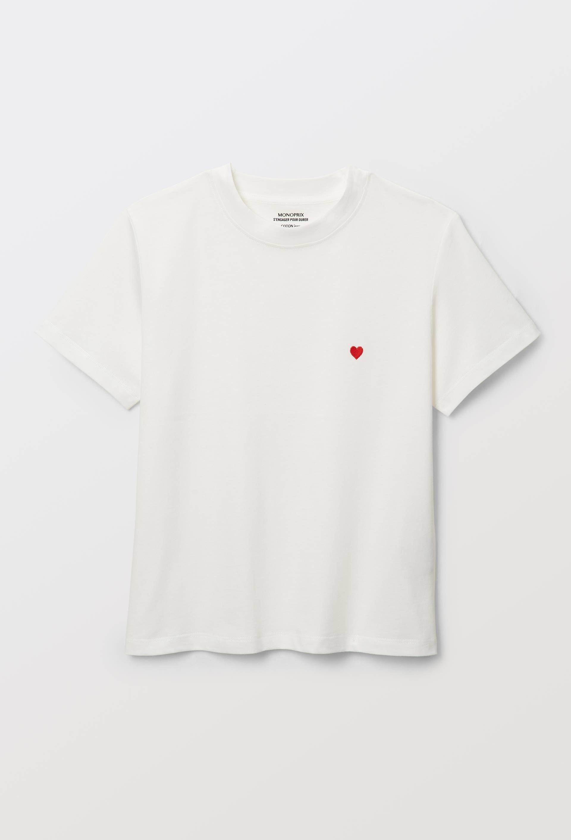 T-shirt col rond broderie coeur, Ecru, large image number 2.0