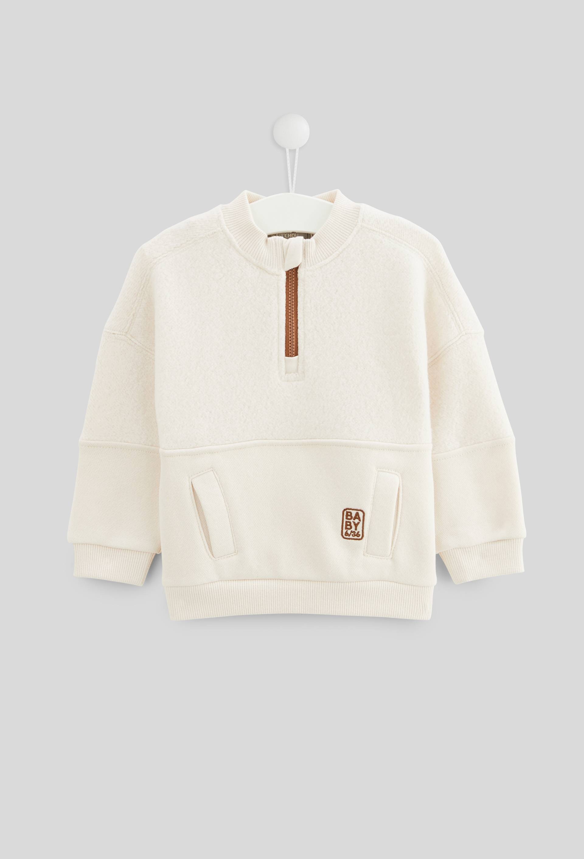 Sweat col zippé uni contenant du coton, Beige clair, large image number 0.0