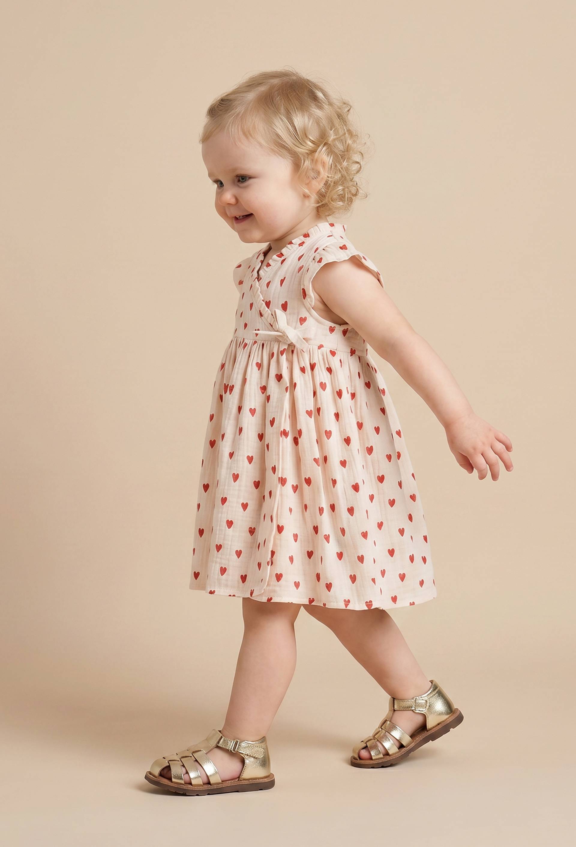 Robe portefeuille avec bloomer imprim&eacute;s en gaze de coton BIO GOTS, Beige clair, large image number 0.0
