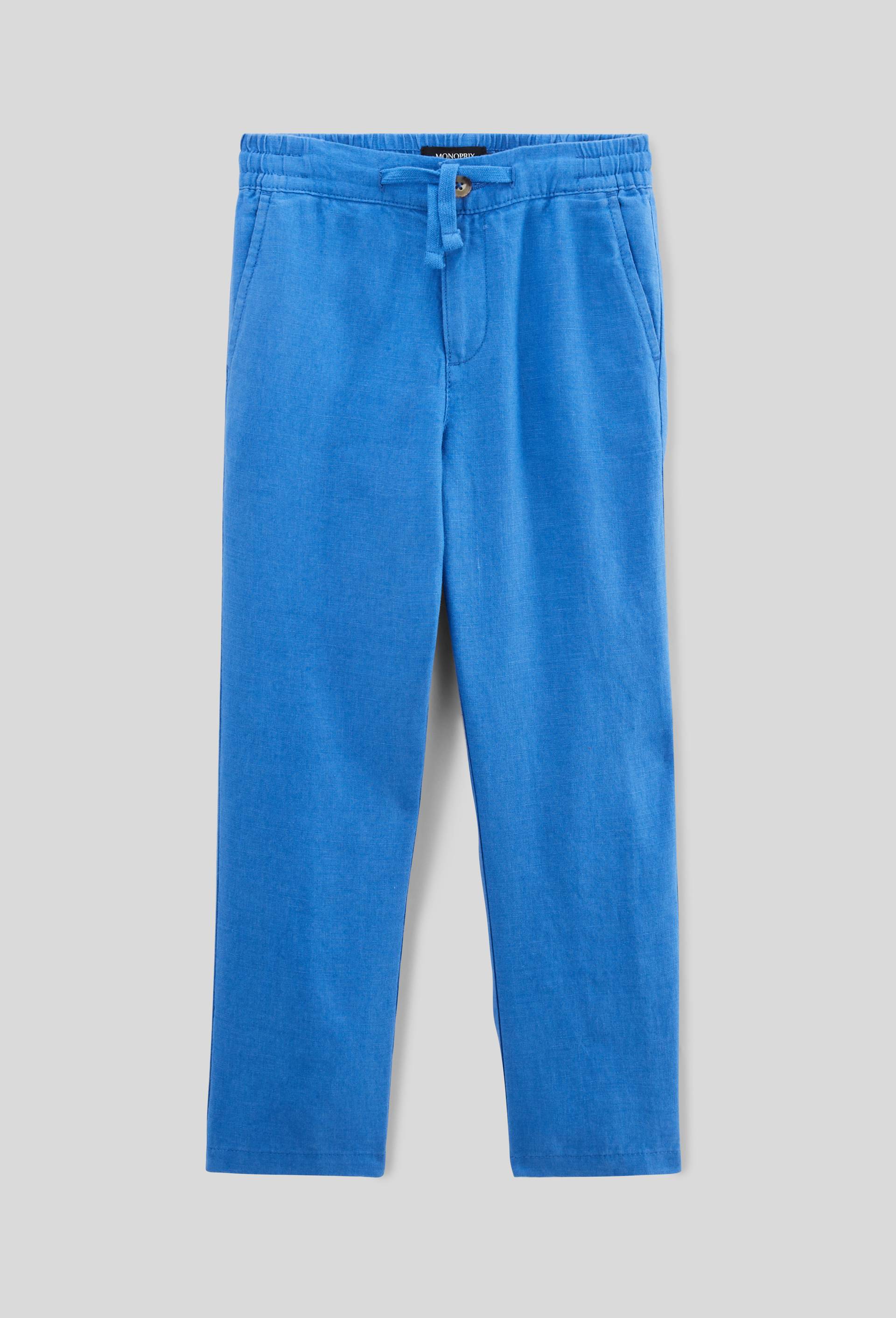 Pantalon droit &eacute;lastiqu&eacute; uni en 100% lin, Bleu, large image number 0