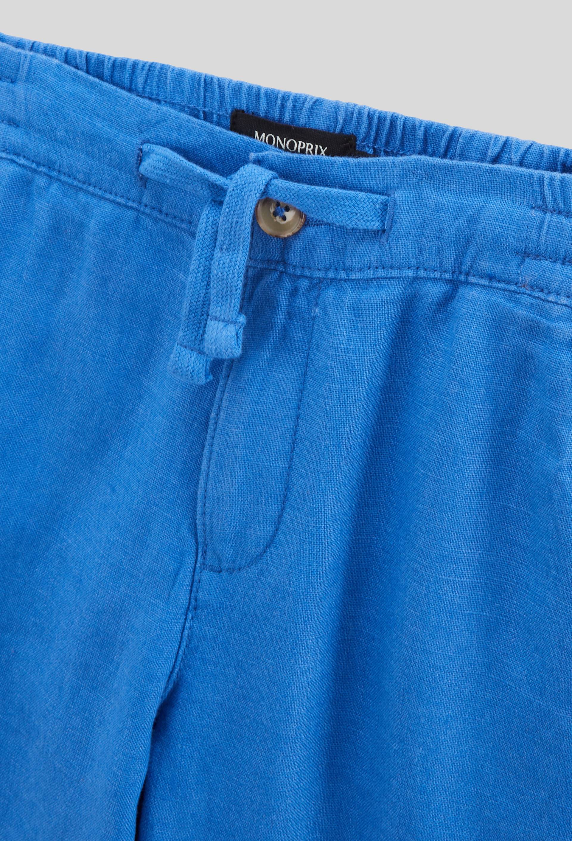 Pantalon droit &eacute;lastiqu&eacute; uni en 100% lin, Bleu, large image number 2