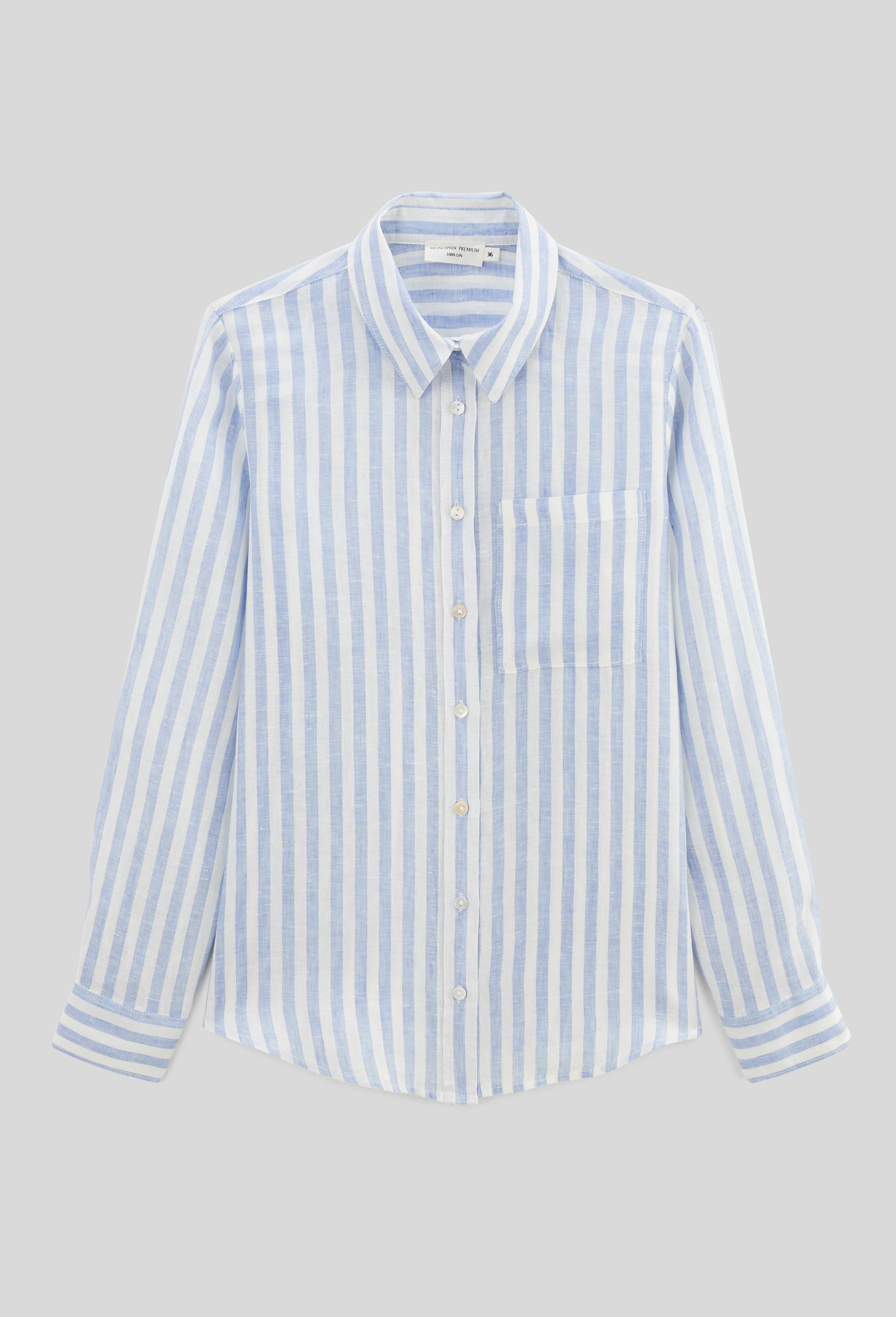 Chemise manches longues rayée en lin BLEU pour femme MONOPRIX PREMIUM