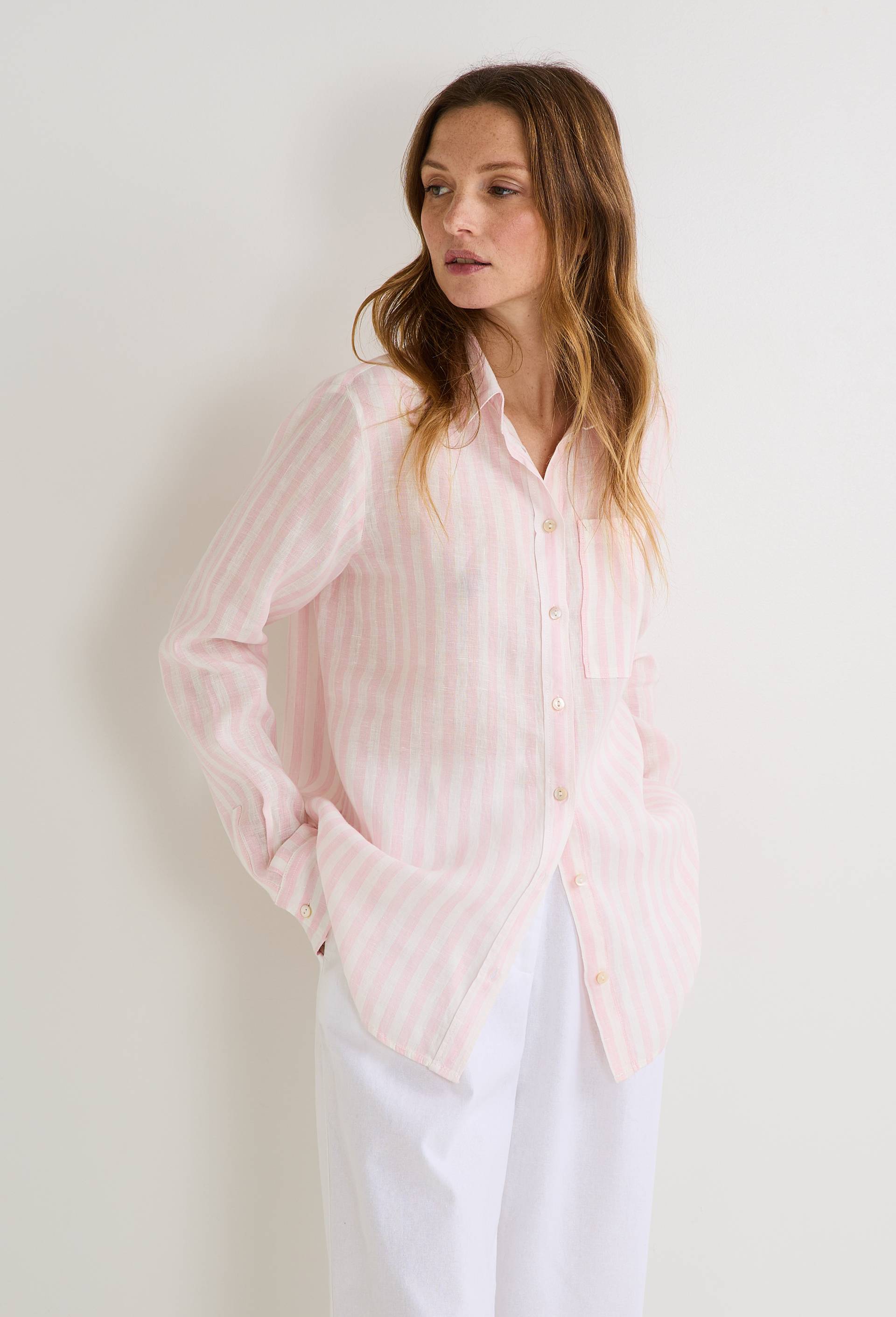 Chemise manches longues rayée en lin, Rose, large image number 0