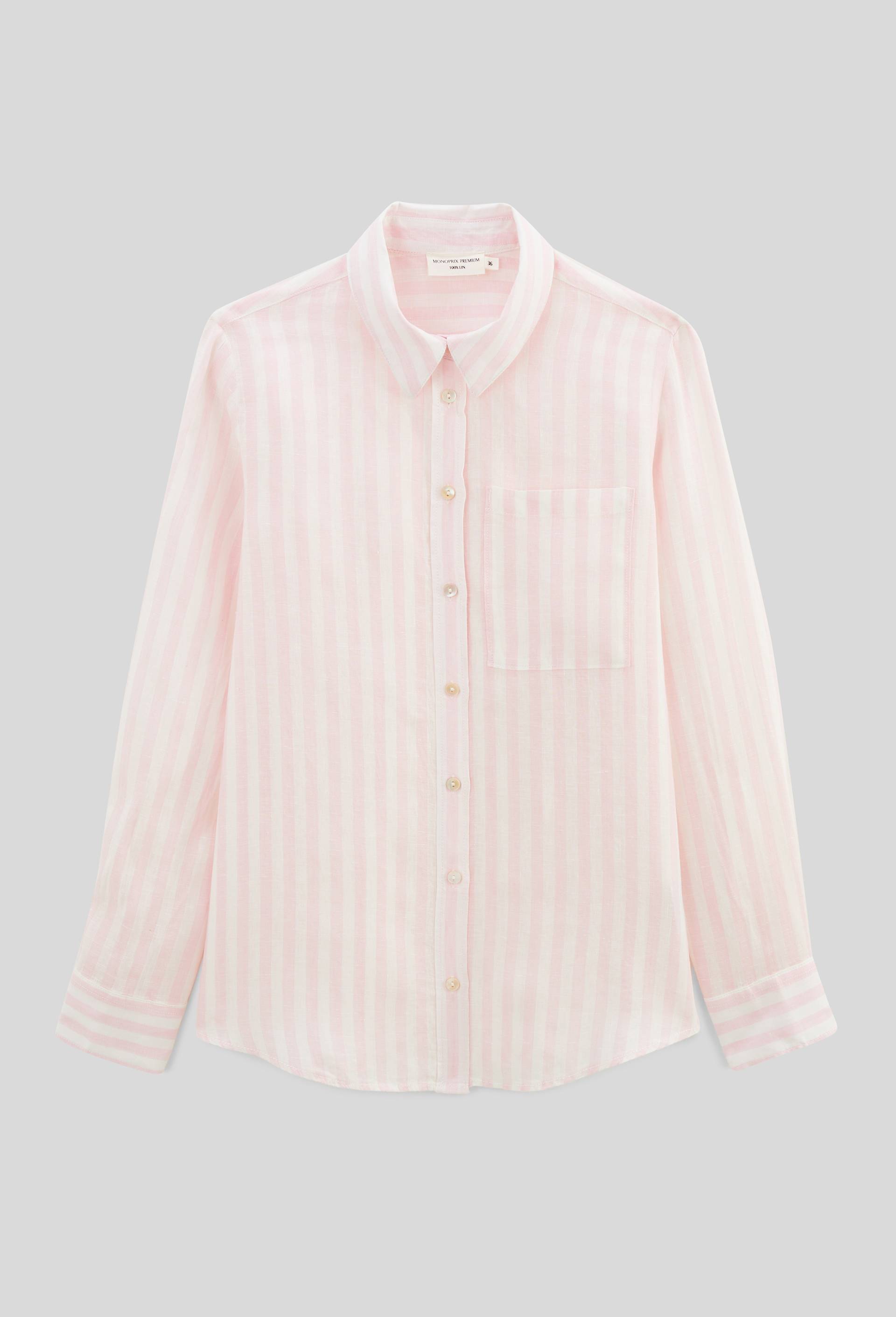 Chemise manches longues rayée en lin, Rose, large image number 2