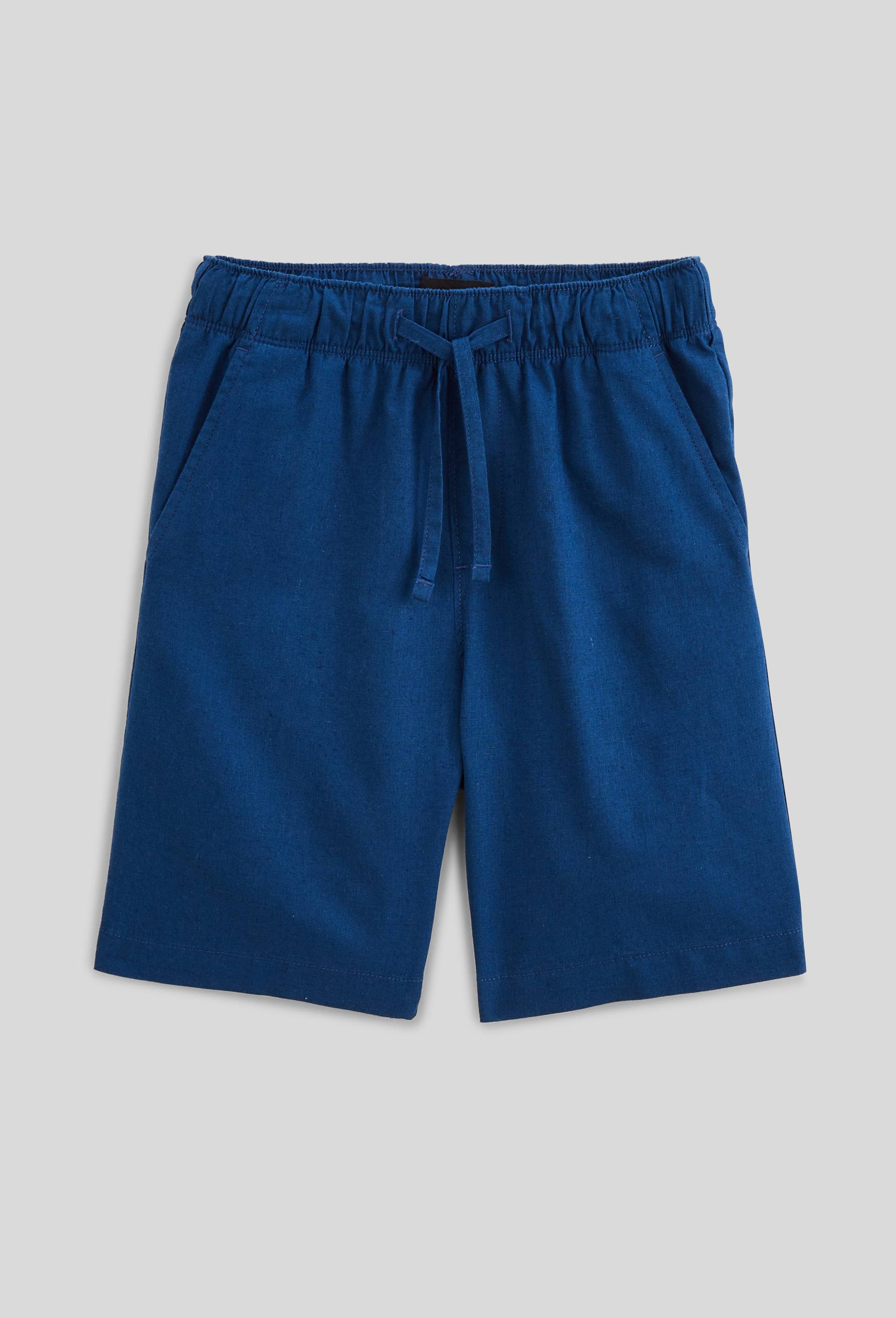 Short &eacute;lastiqu&eacute; uni en coton et lin, Bleu fonc&eacute;, swatch image