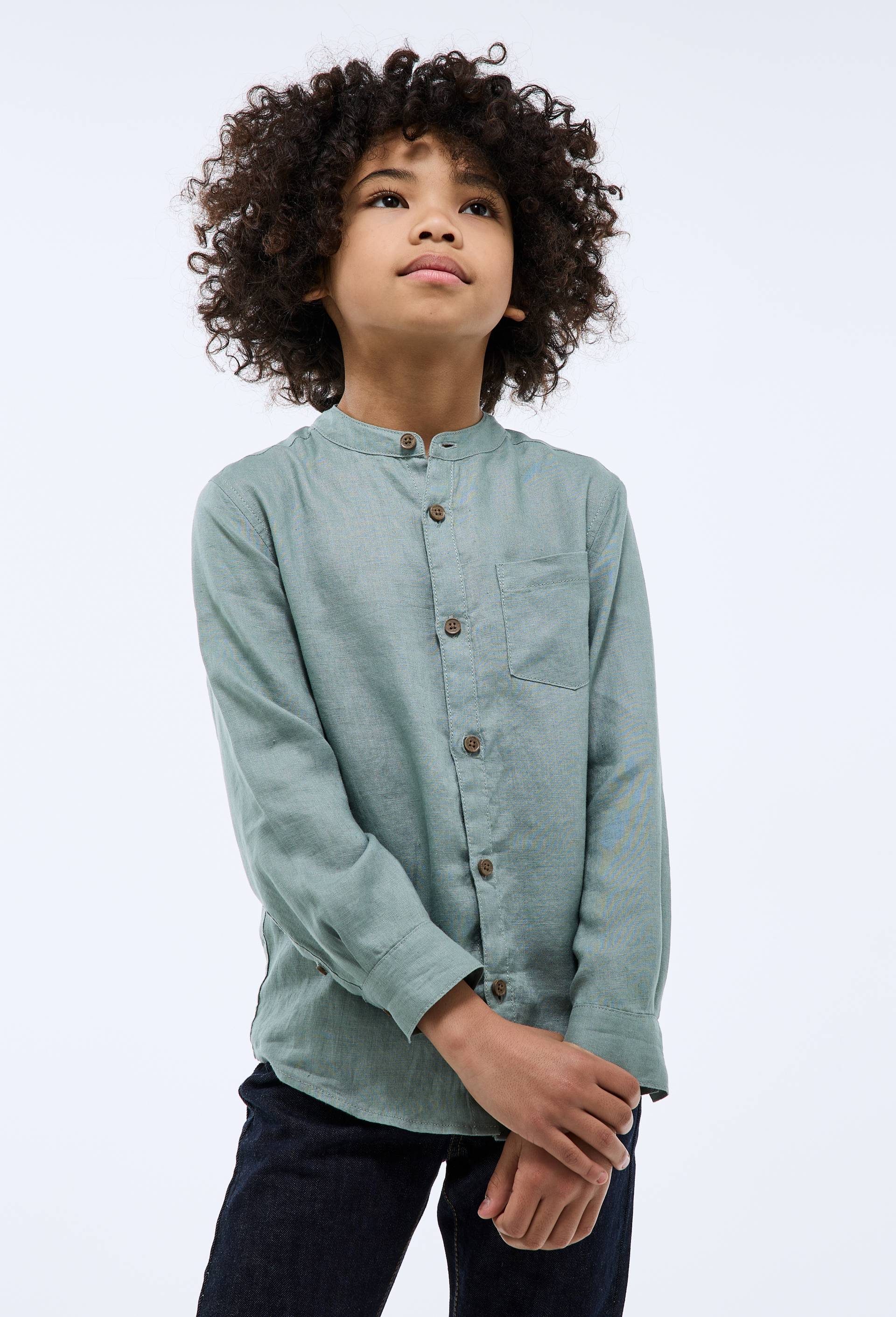 Chemise col mao unie en 100% lin, Vert, swatch image