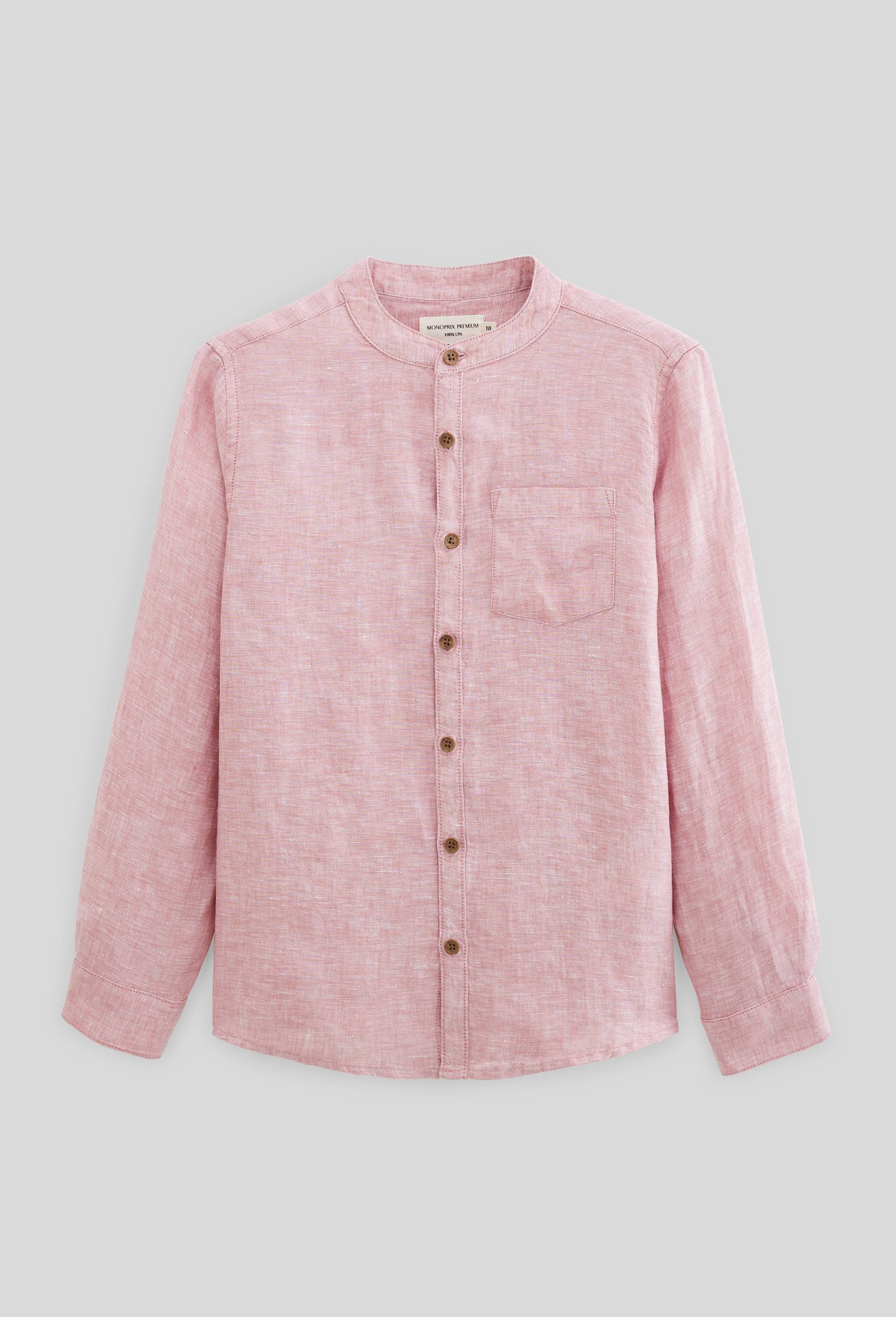 Chemise col mao unie en 100% lin, Rose, swatch image