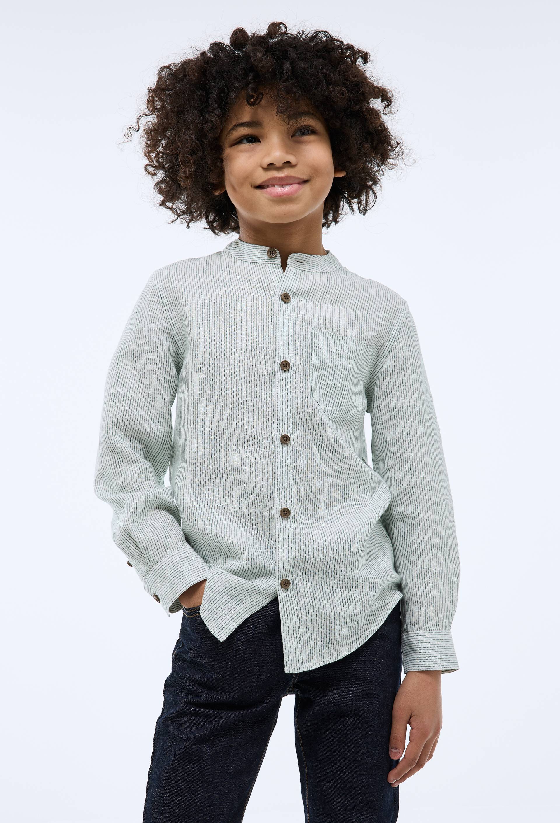 Chemise col mao rayée en 100% lin, Vert foncé, large image number 0