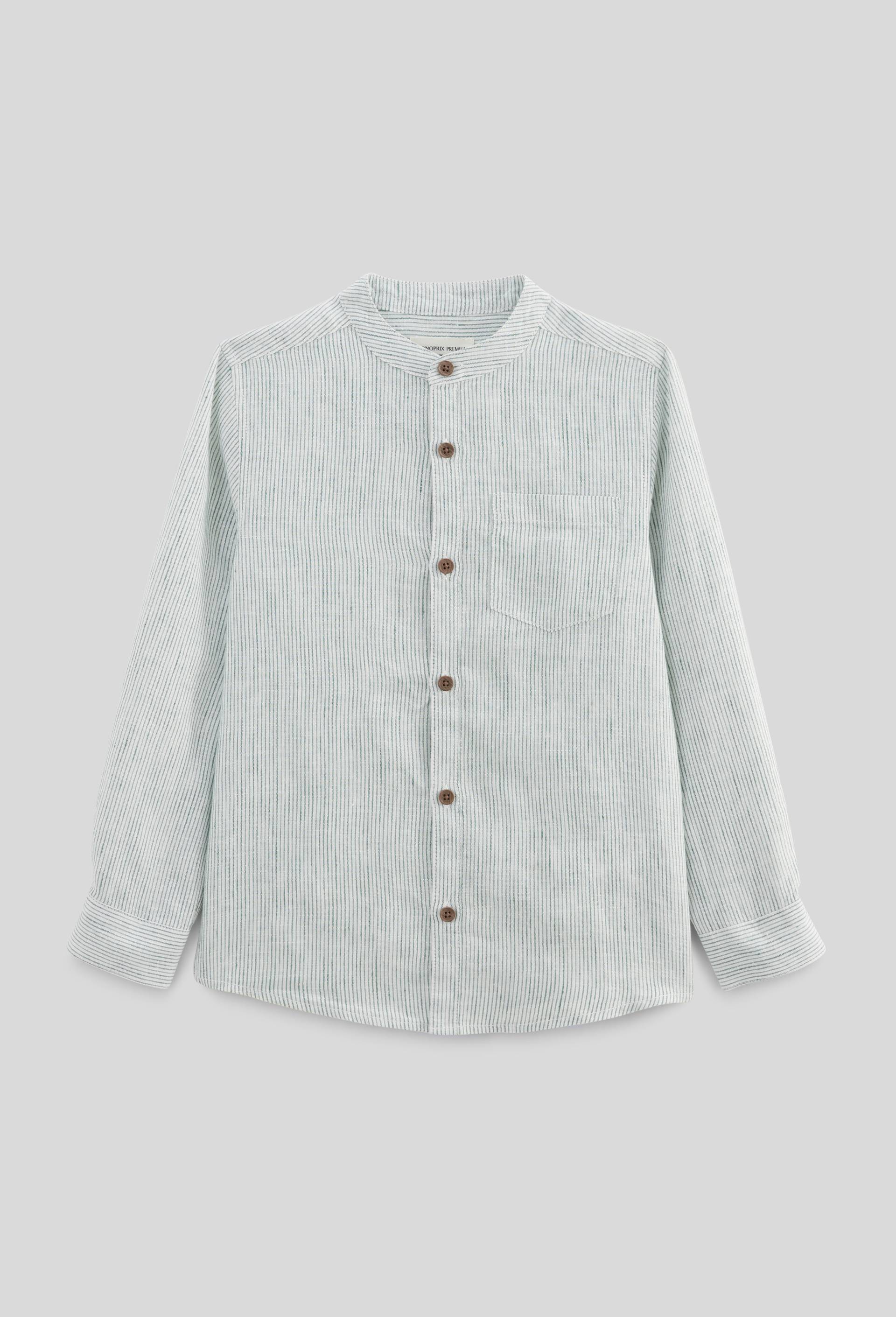 Chemise col mao rayée en 100% lin, Vert foncé, large image number 1