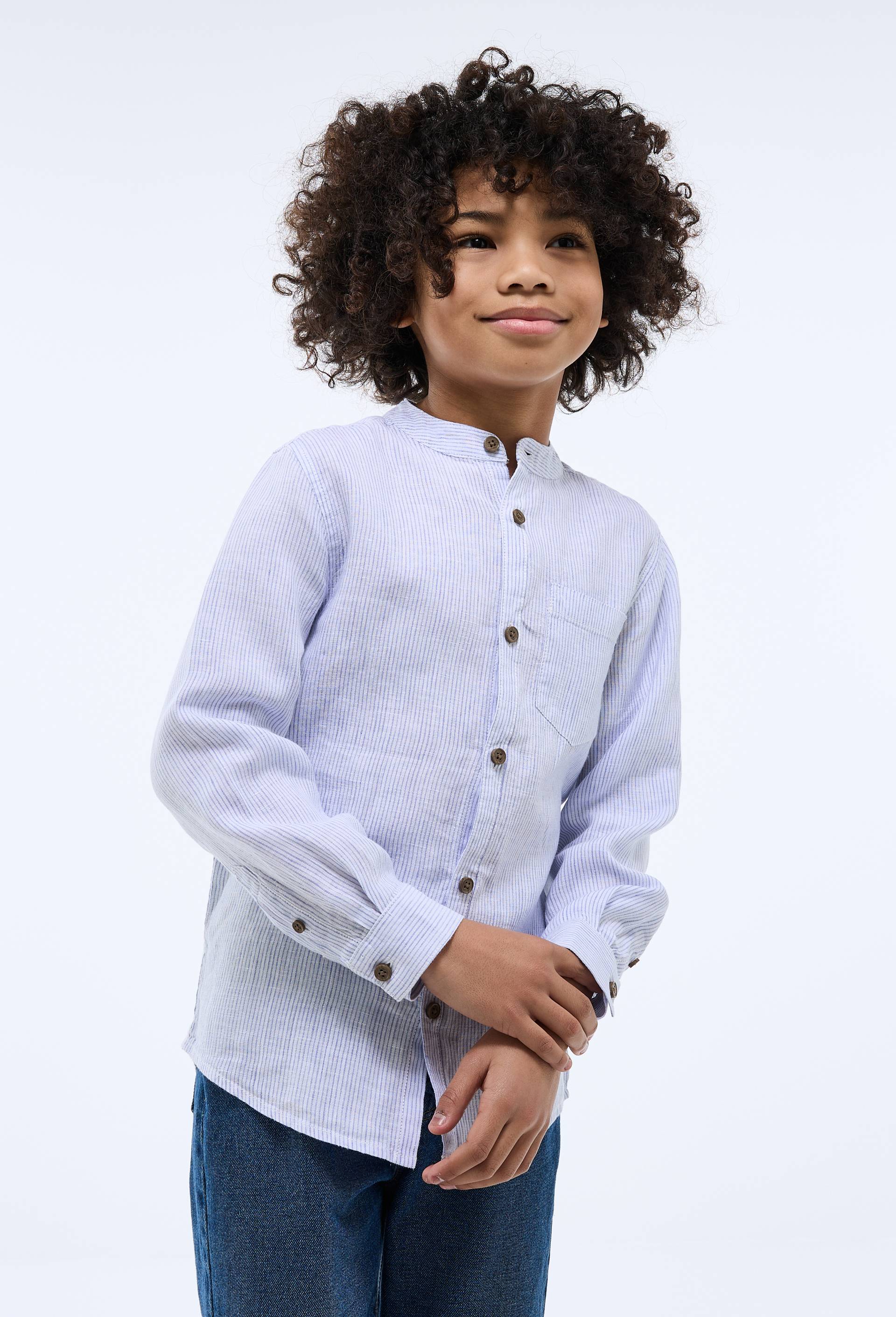 Chemise col mao rayée en 100% lin, Bleu foncé, swatch image