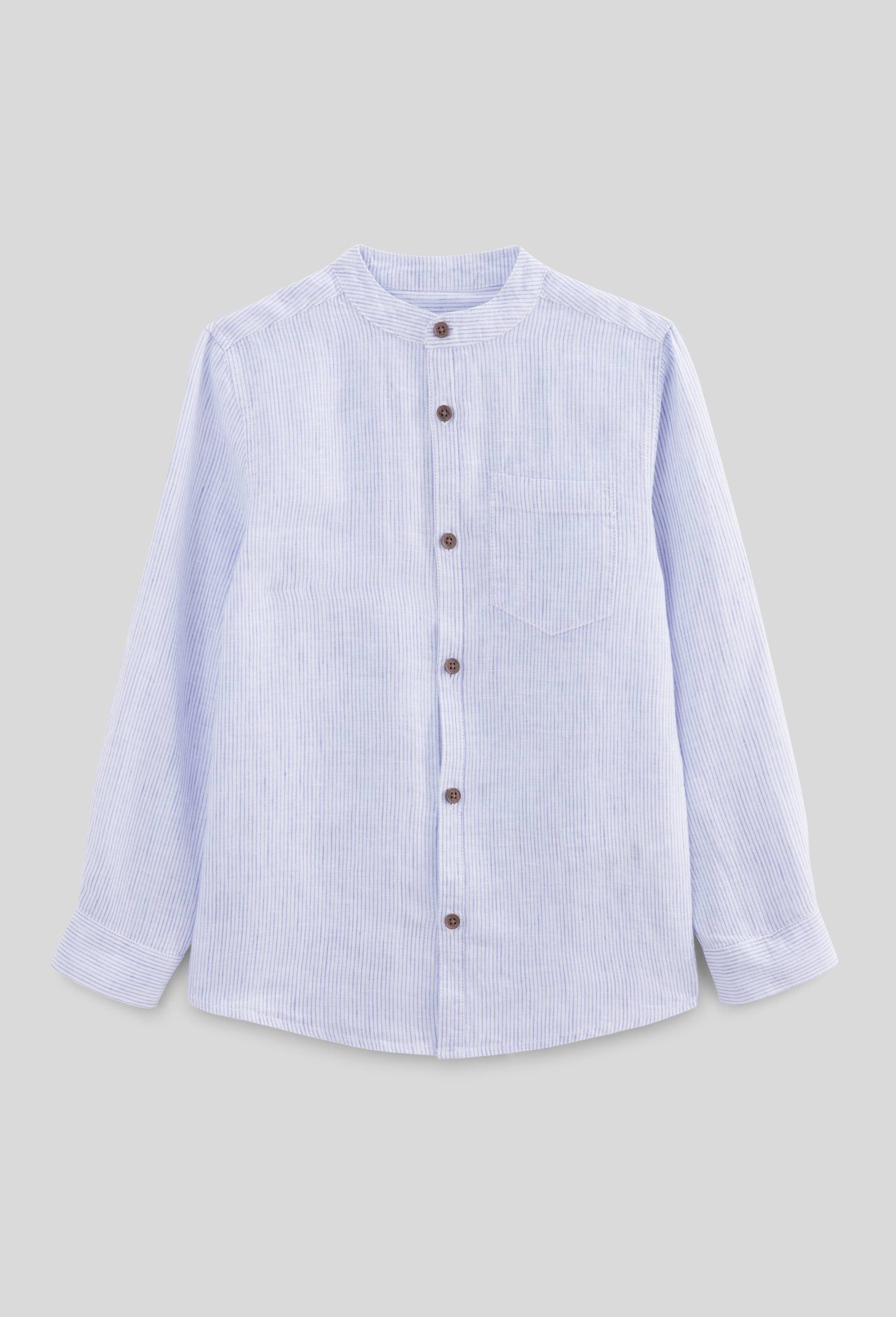 Chemise col mao rayée en 100% lin, Bleu foncé, large image number 1