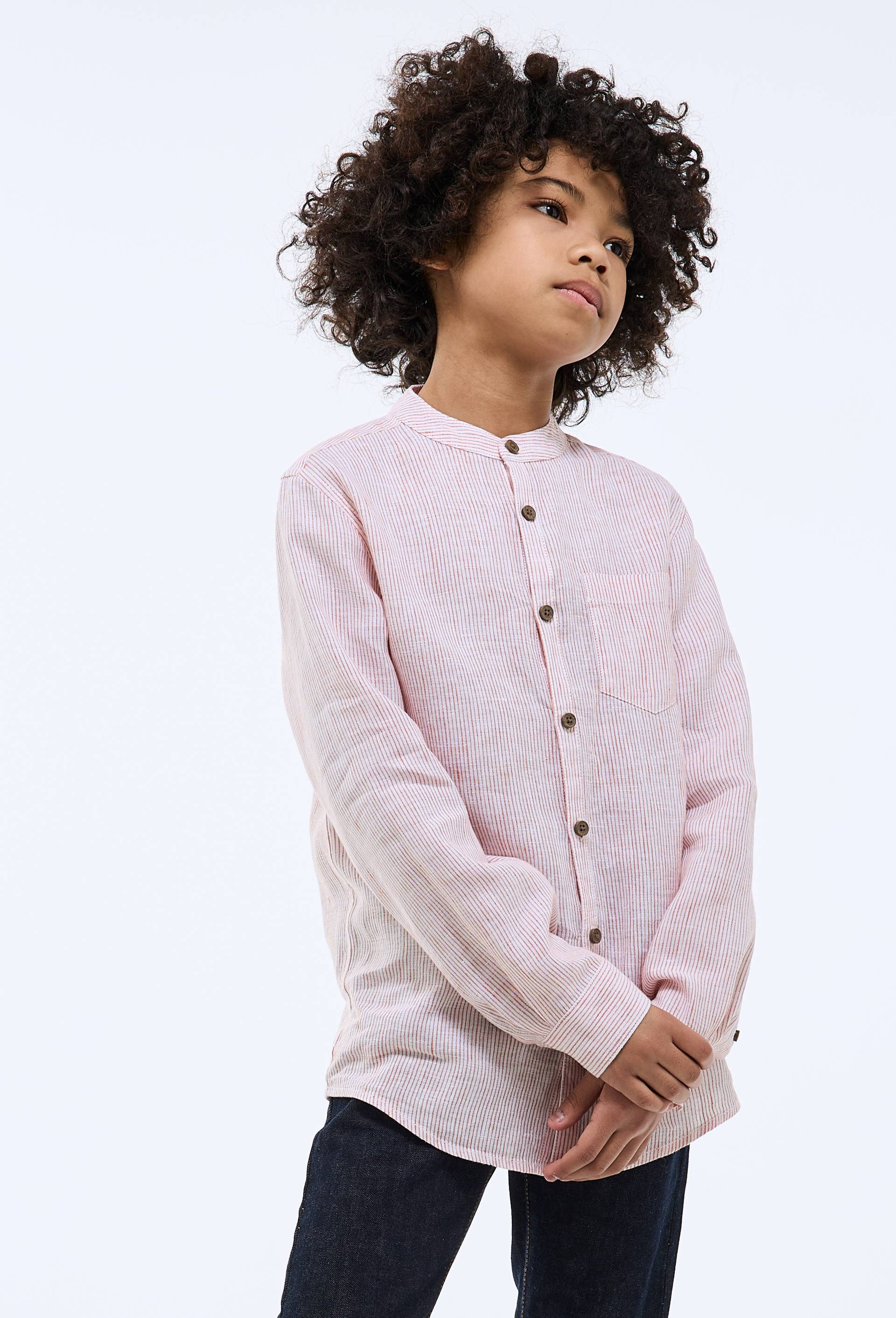 Chemise col mao rayée en 100% lin, Orange foncé, swatch image