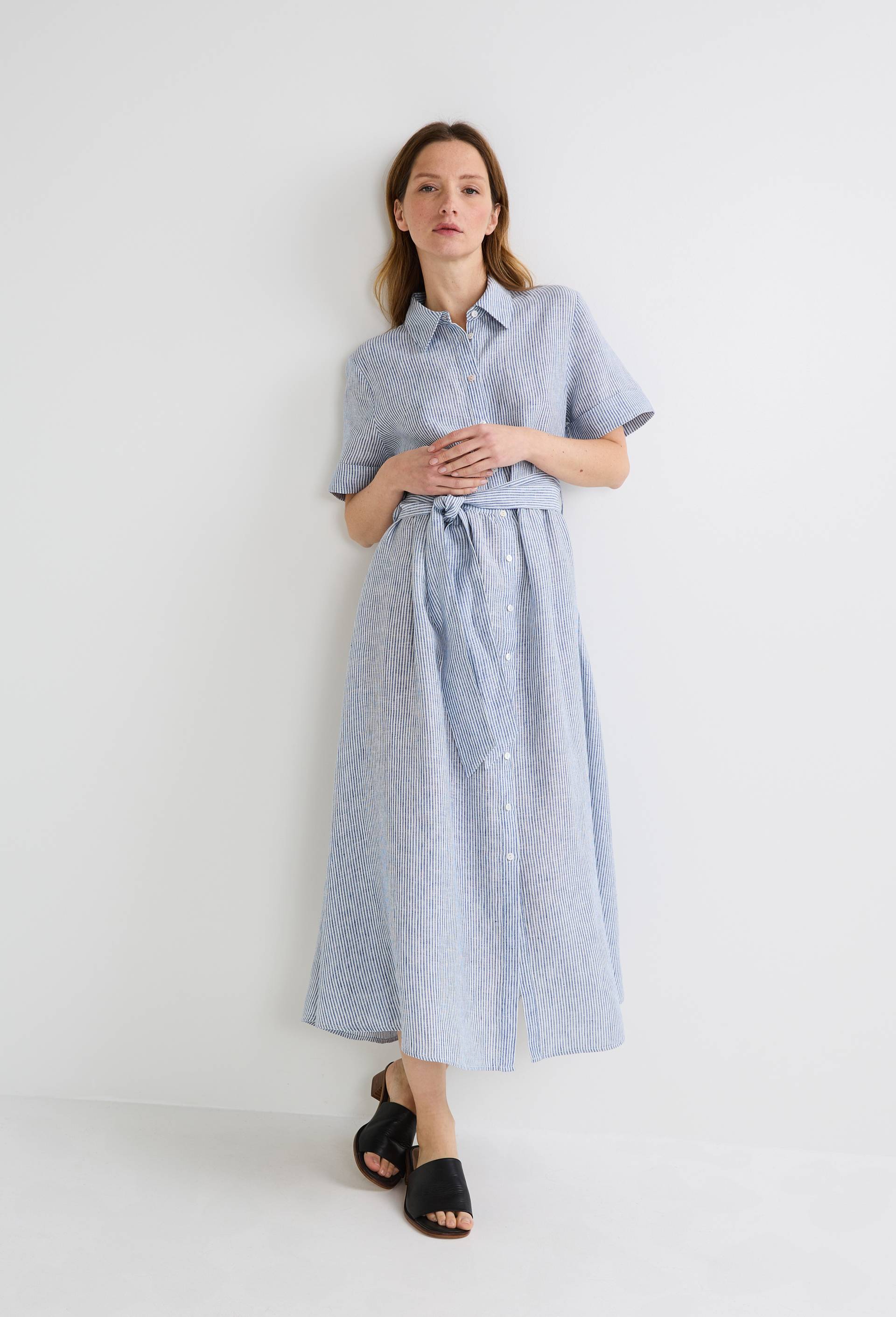 Robe midi ceintur&eacute;e ray&eacute;e en lin, Bleu, large image number 1