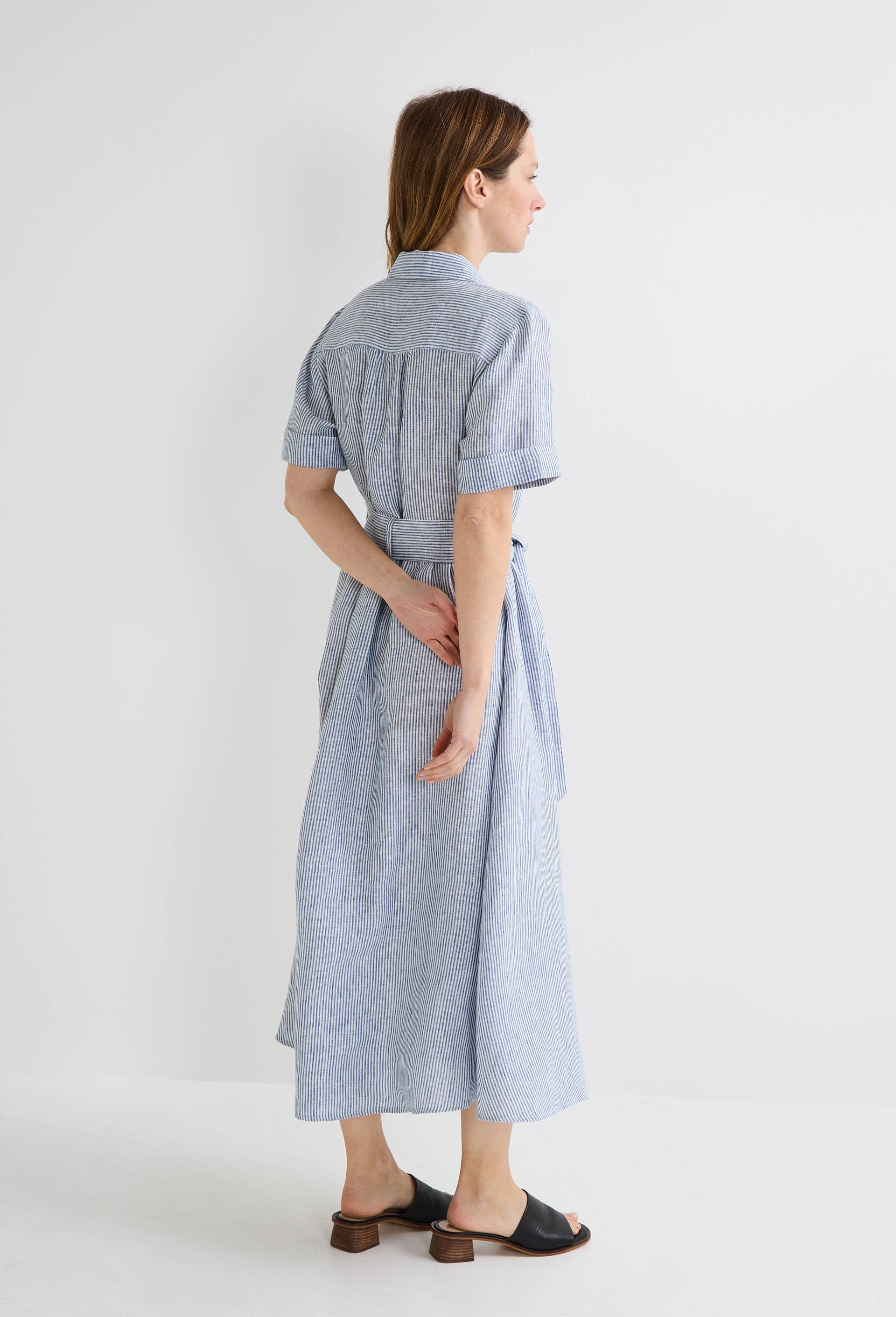 Robe midi ceintur&eacute;e ray&eacute;e en lin, Bleu, large image number 2