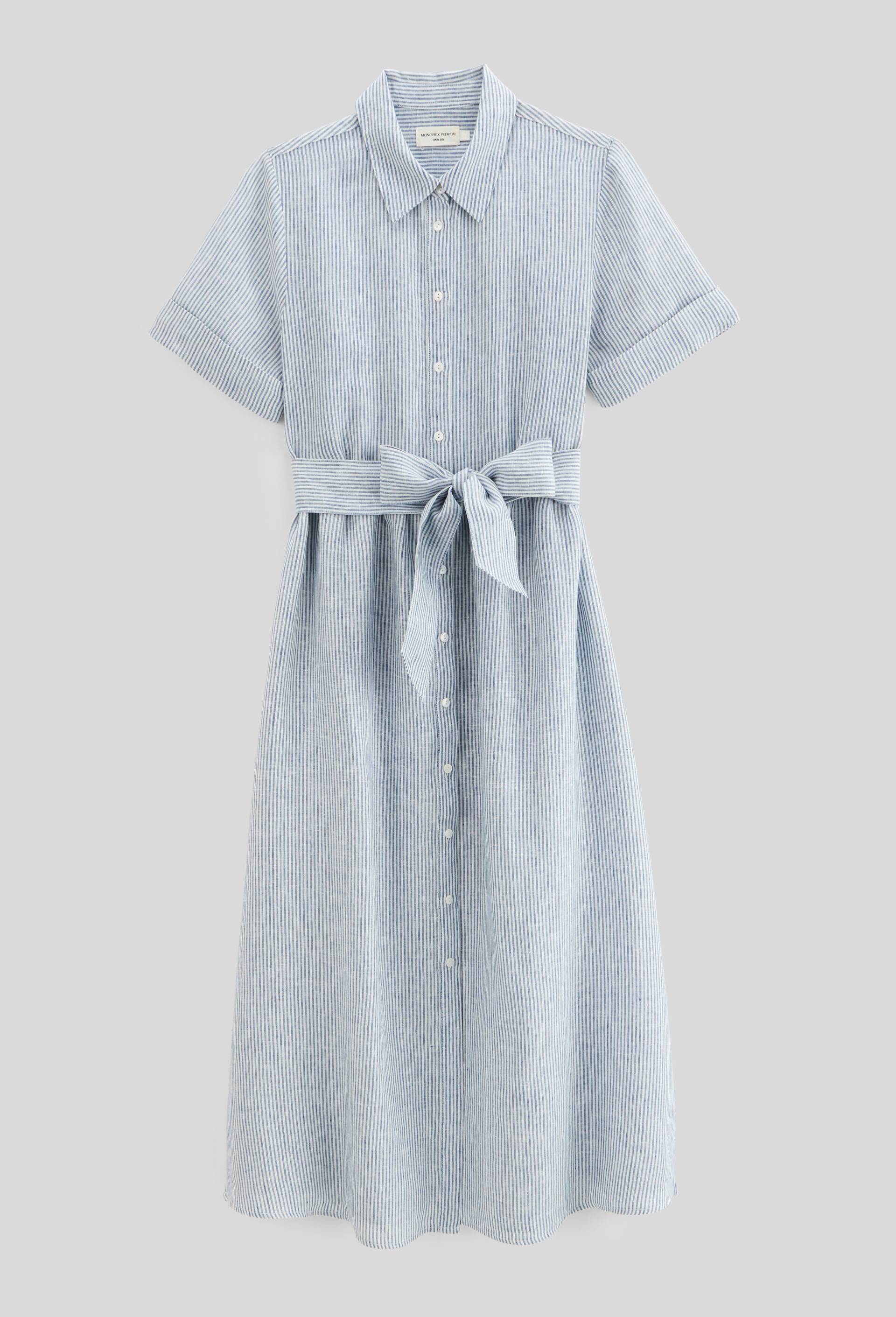 Robe midi ceintur&eacute;e ray&eacute;e en lin, Bleu, large image number 3