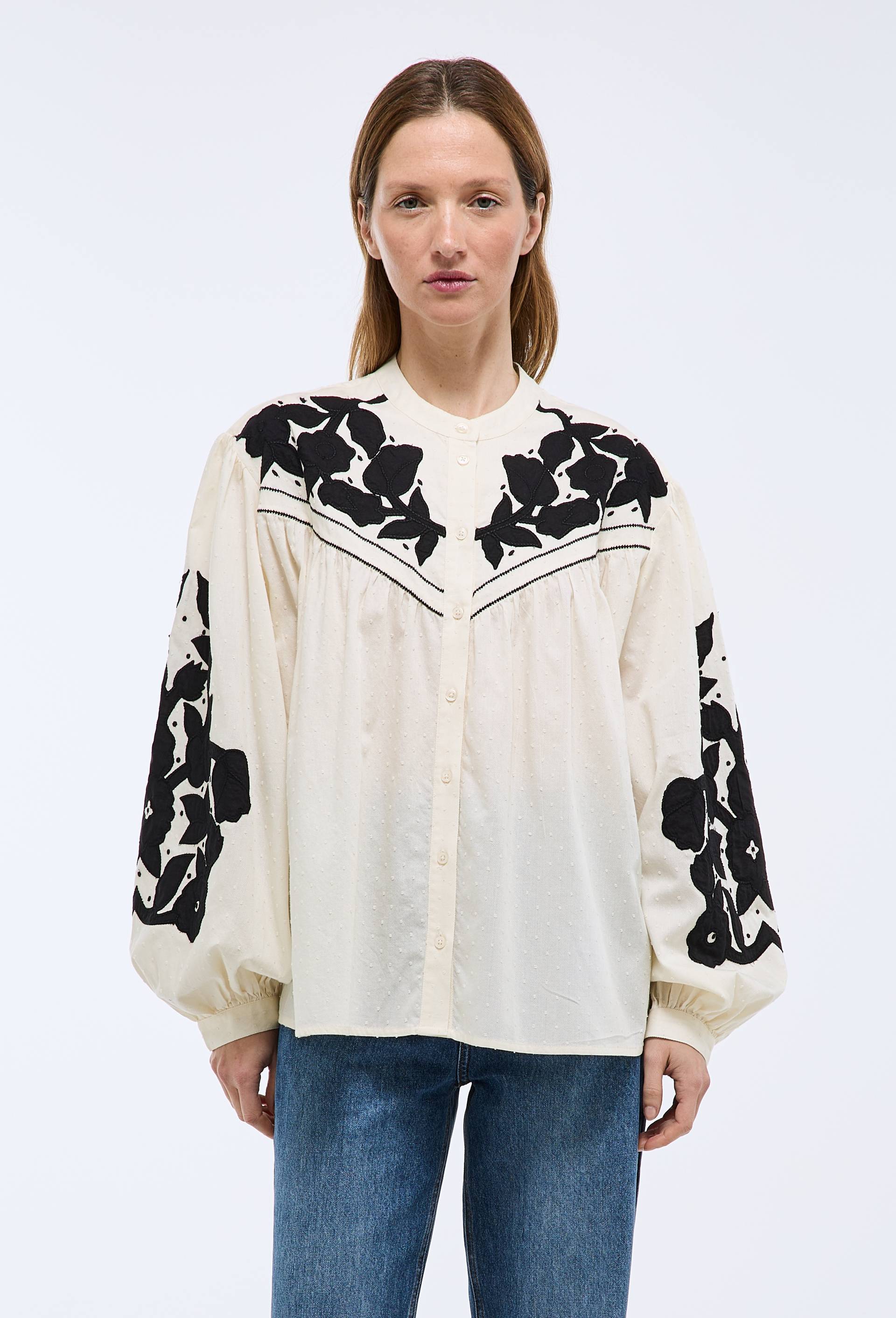 Blouse manches longues d&eacute;tails broderie en coton BIO GOTS, Ecru, large image number 0