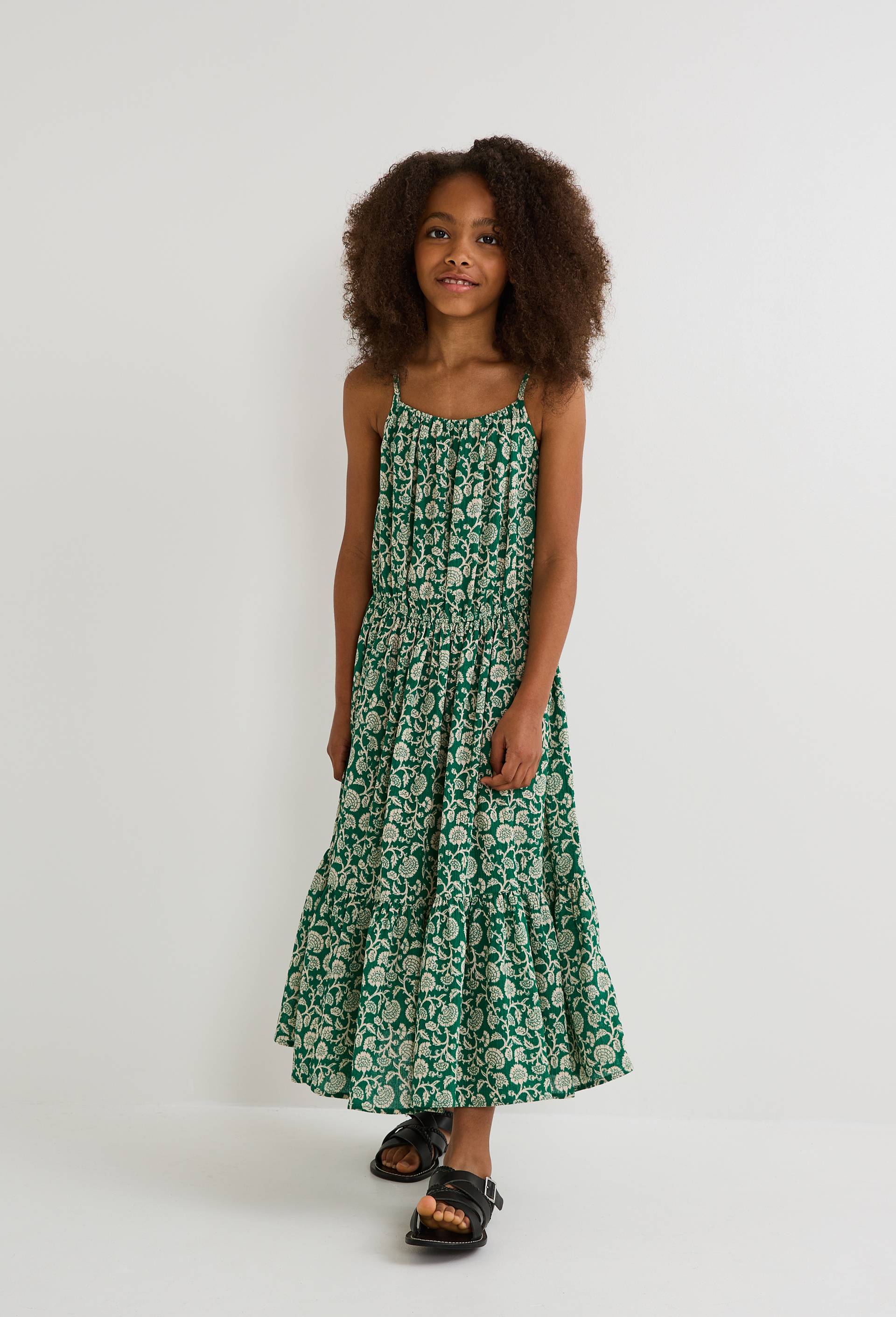 Robe midi &agrave; bretelles imprim&eacute;e en coton, Vert fonc&eacute;, large image number 1