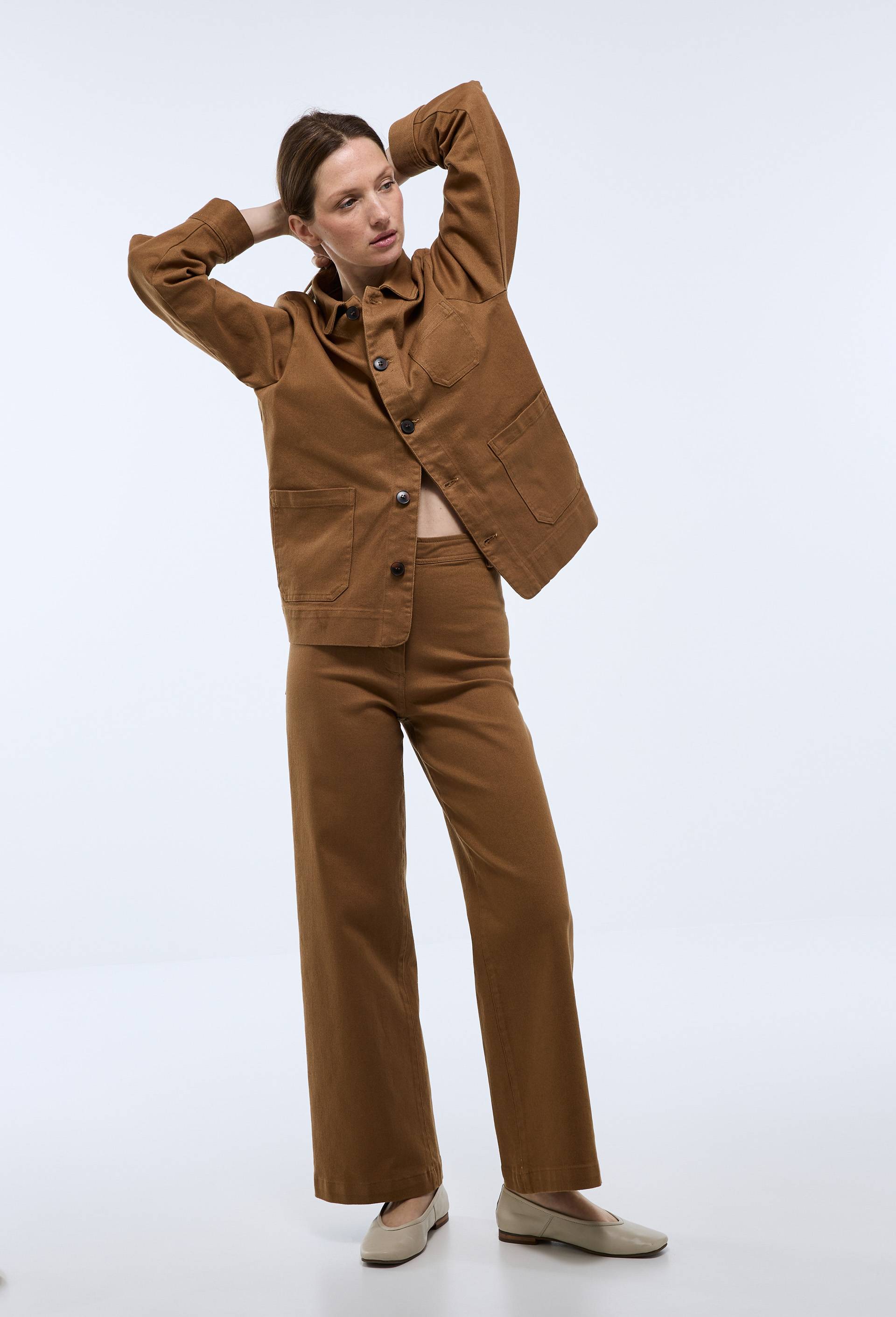 Pantalon large taille haute contenant du coton, Beige, swatch image