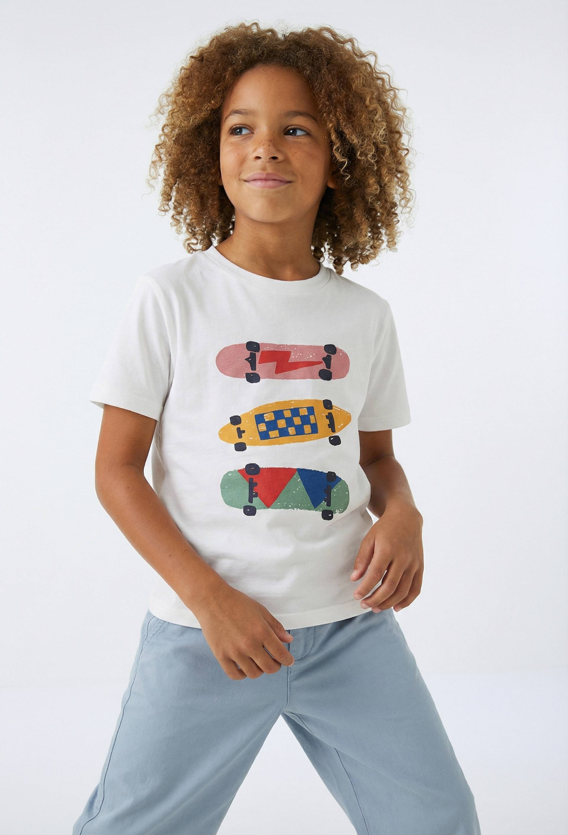 T-shirt manches courtes imprim&eacute; en coton BIO GOTS, Ecru, large image number 0.0