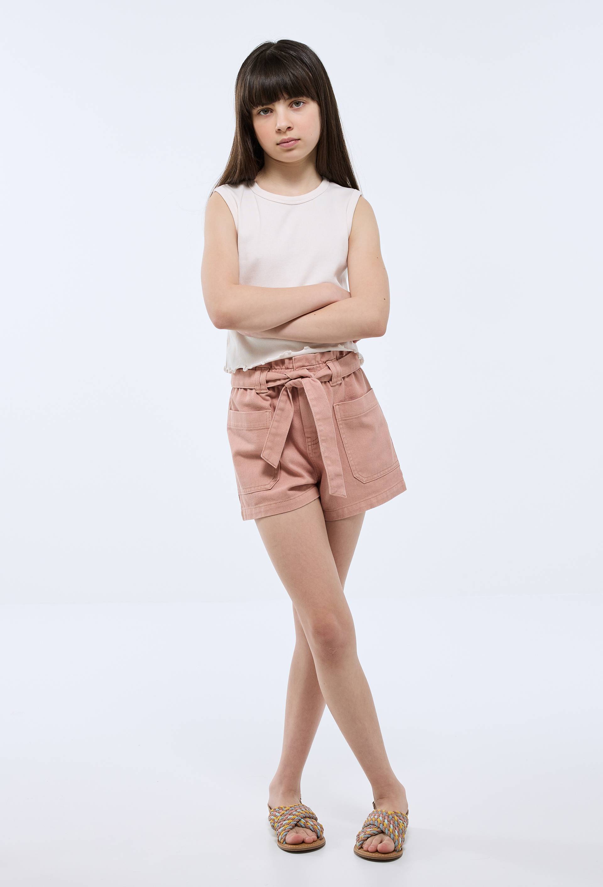 Short uni ceinturé en coton, Beige, swatch image
