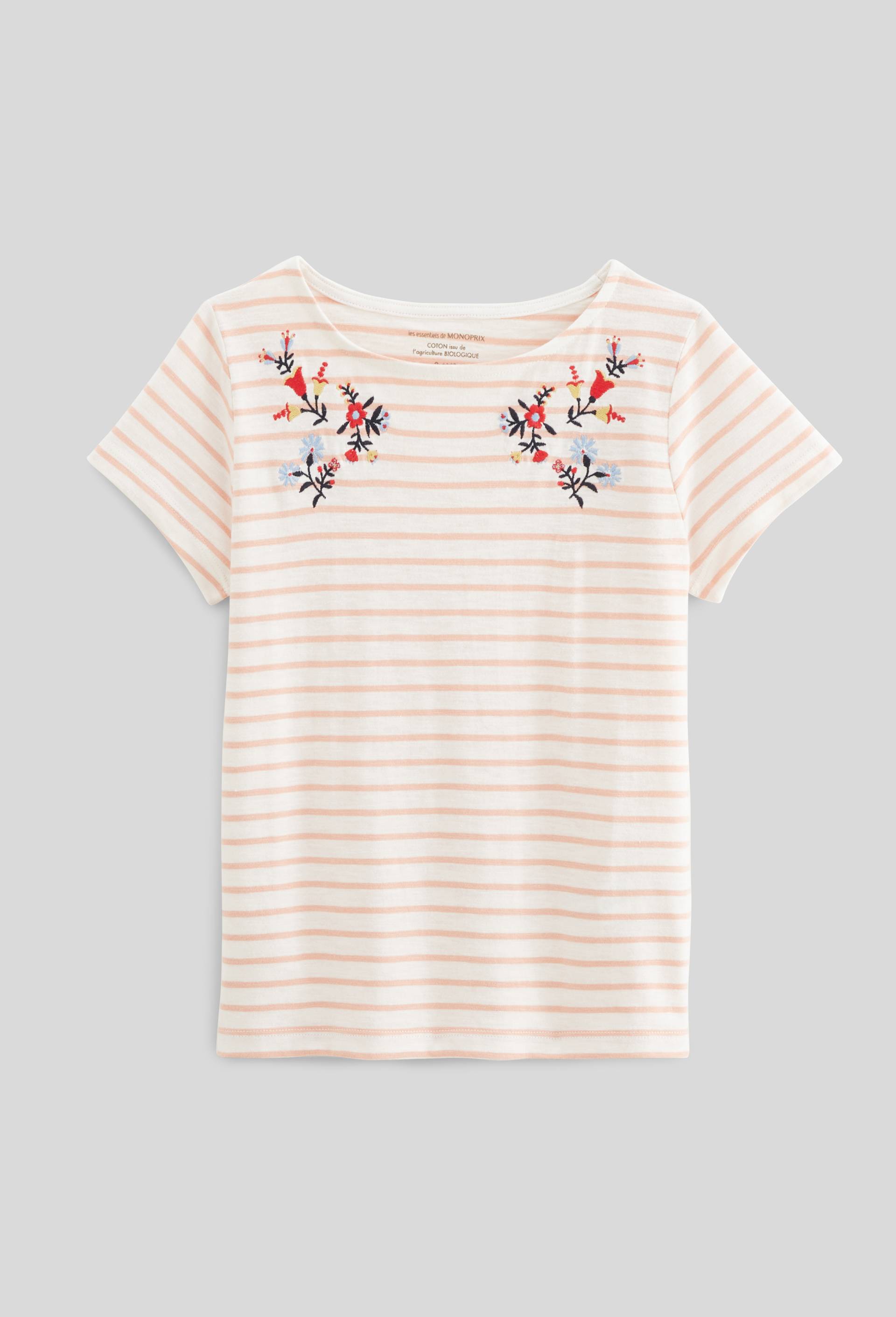 T-shirt manches courtes rayé brodé, Rose, swatch image