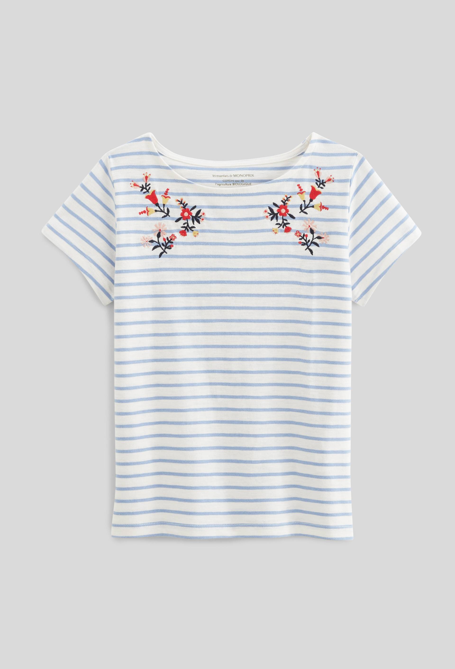 T-shirt manches courtes rayé brodé, BLEU, swatch image