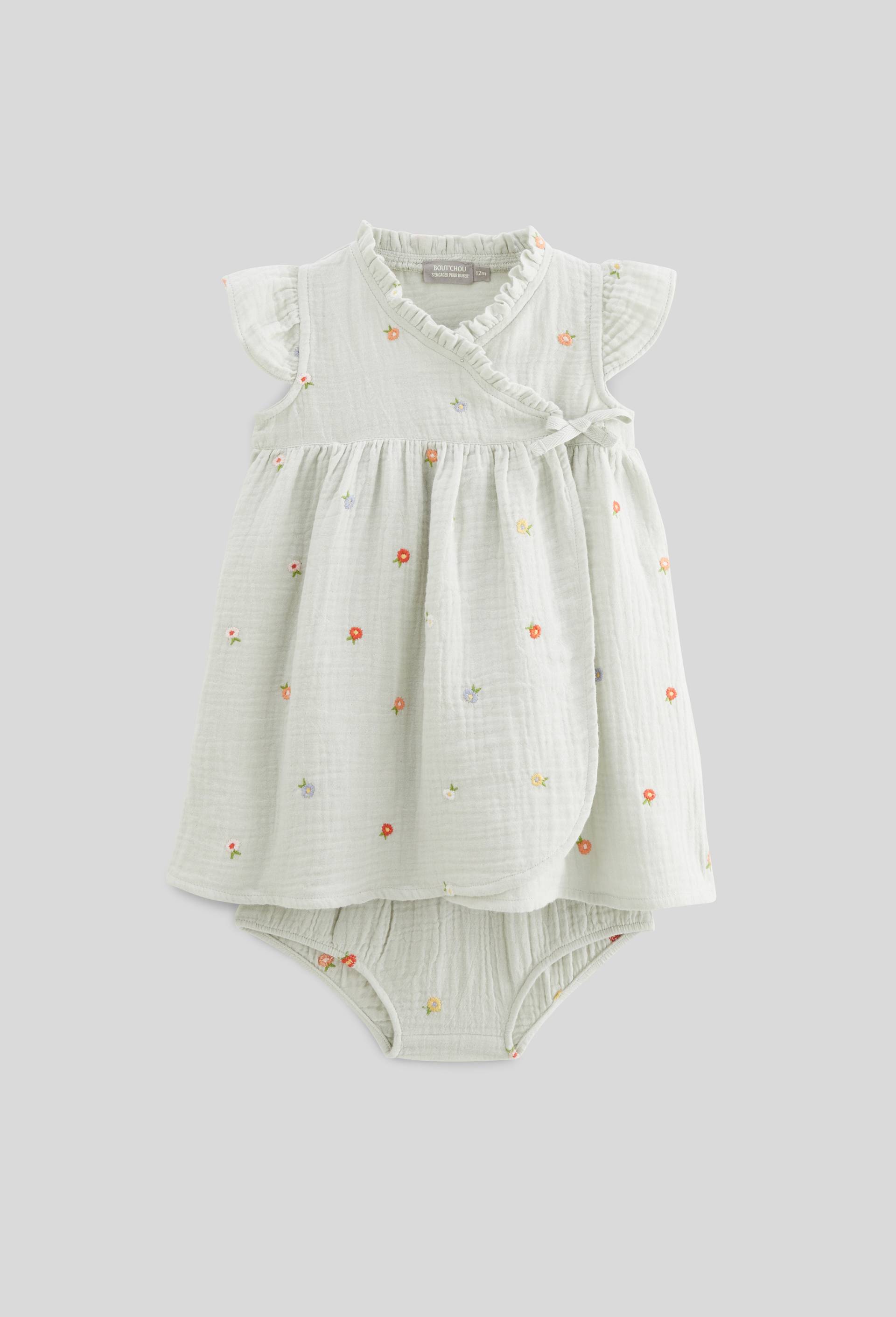 Robe portefeuille avec bloomer brodés en gaze de coton BIO GOTS, Vert clair, large image number 0