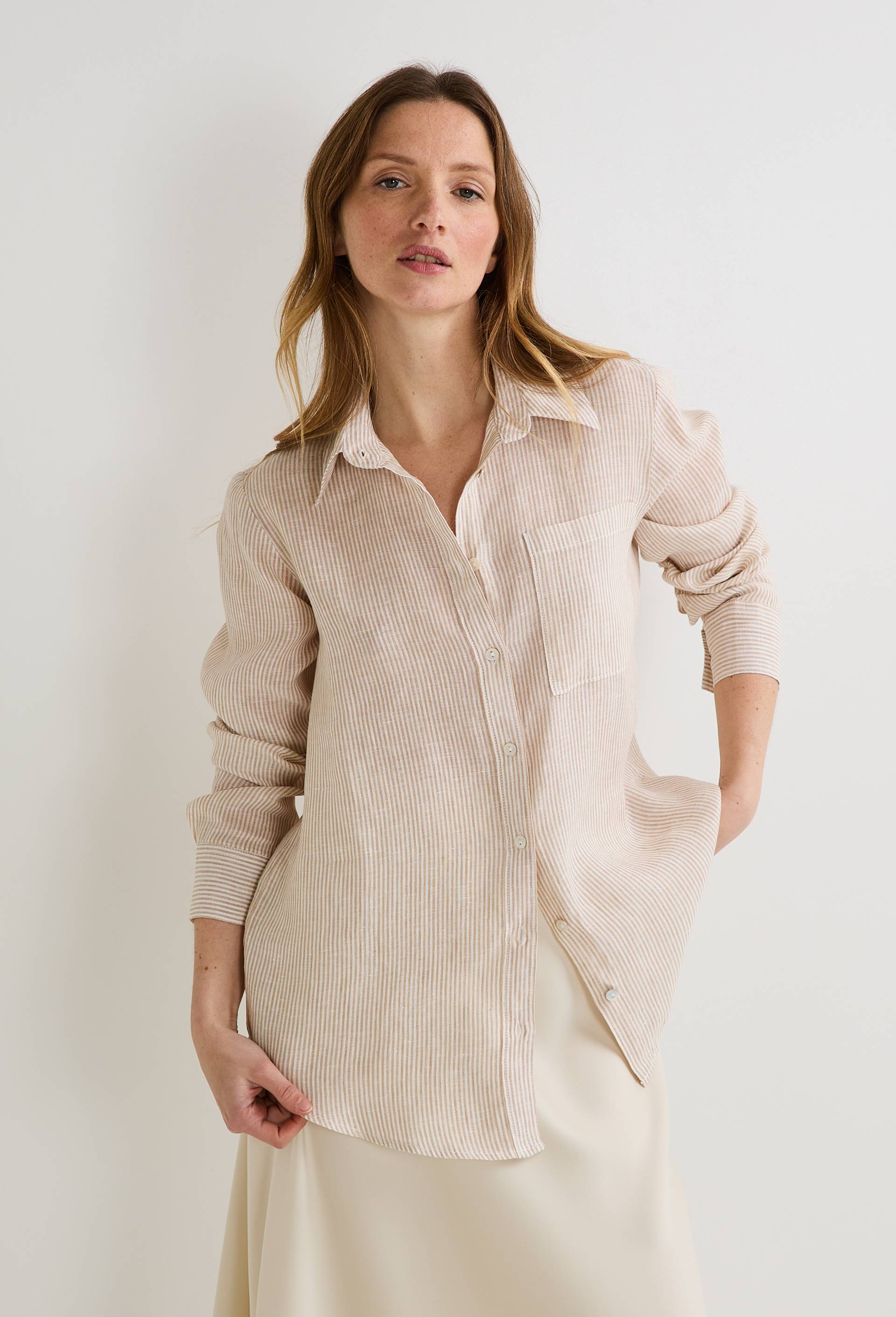 Chemise manches longues rayée en lin, Beige, large image number 0
