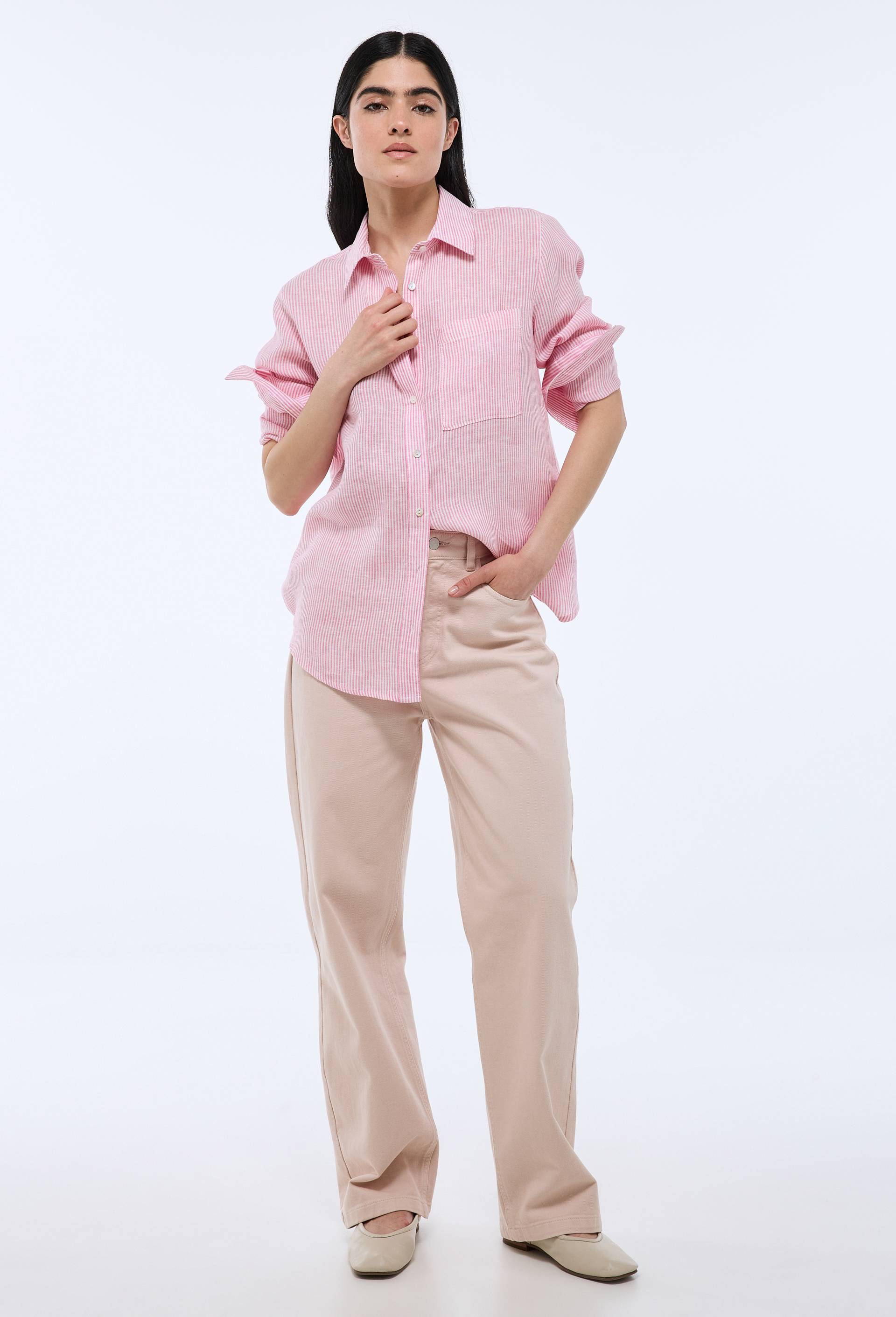 Chemise manches longues rayée en lin, Rose, swatch image