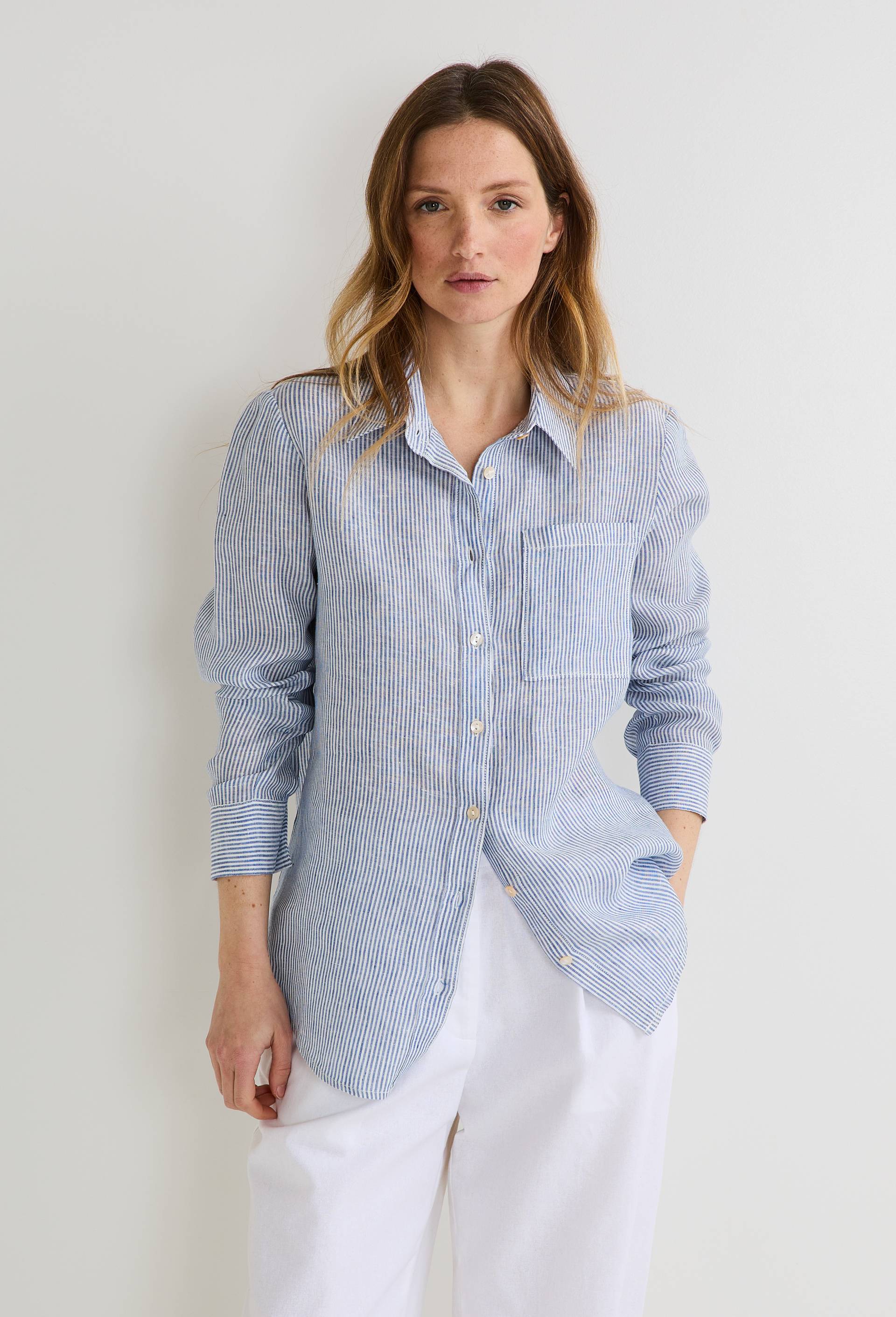 Chemise manches longues rayée en lin, Bleu, swatch image