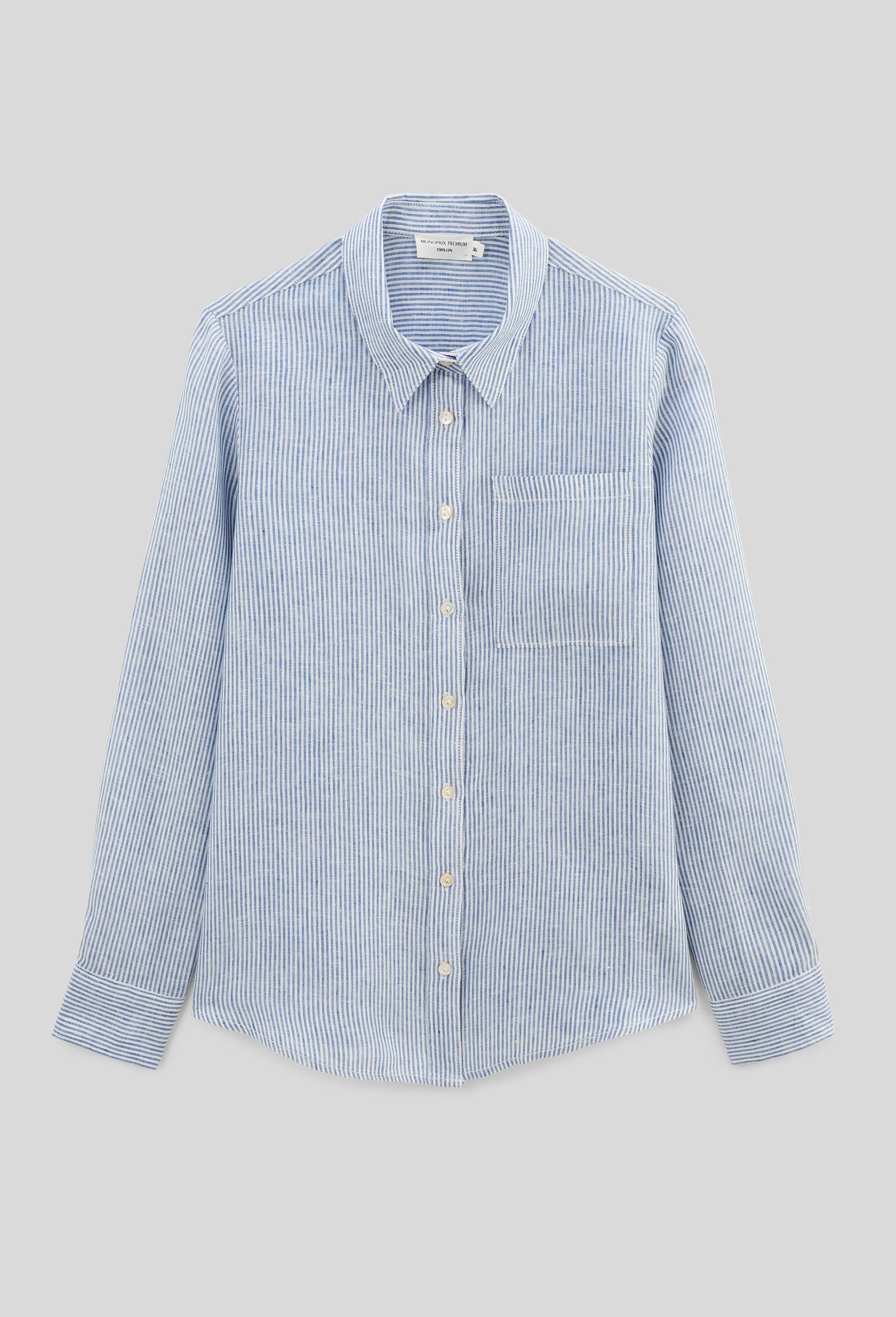 Chemise manches longues rayée en lin, Bleu, large image number 2