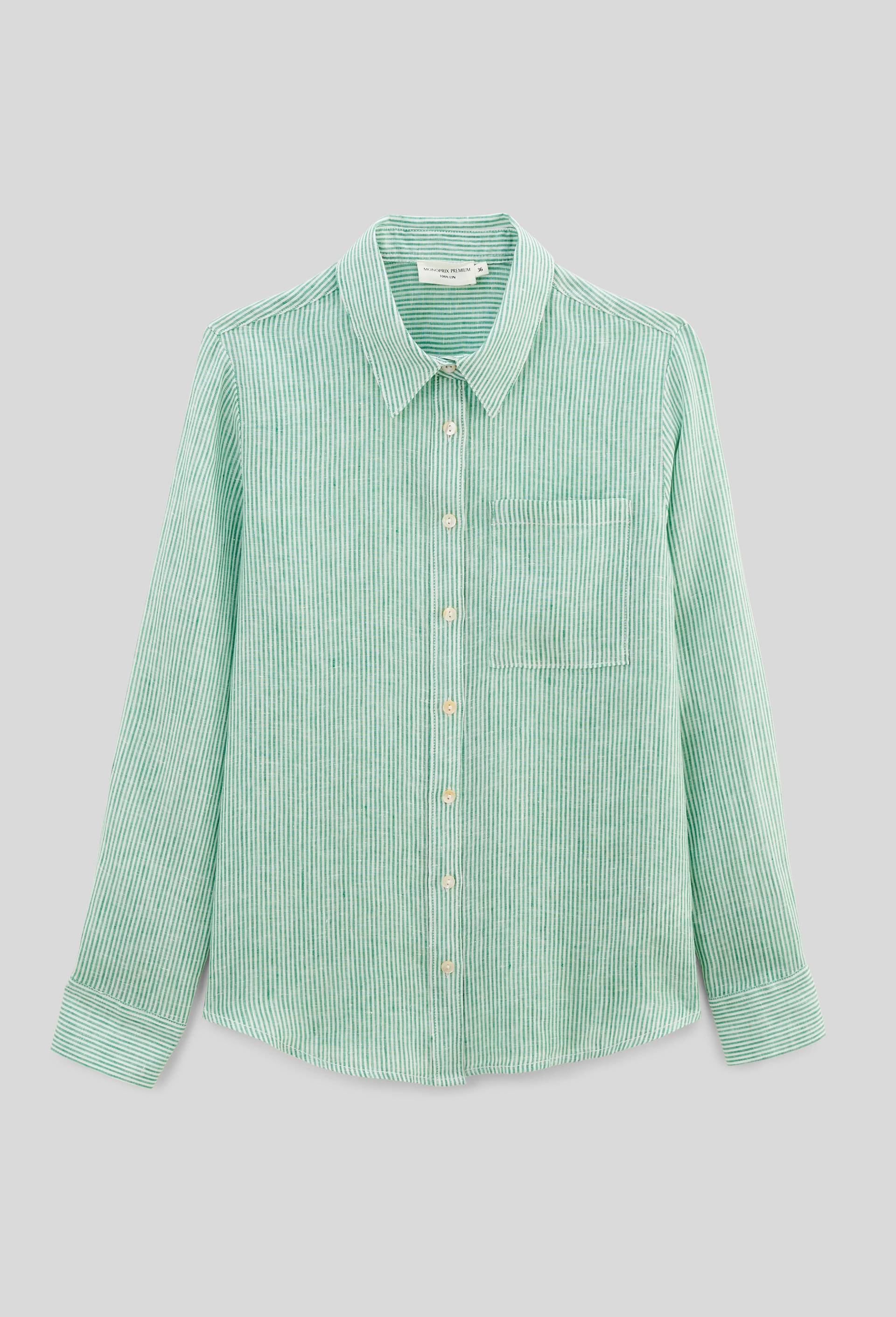Chemise manches longues rayée en lin, Vert, large image number 2.0