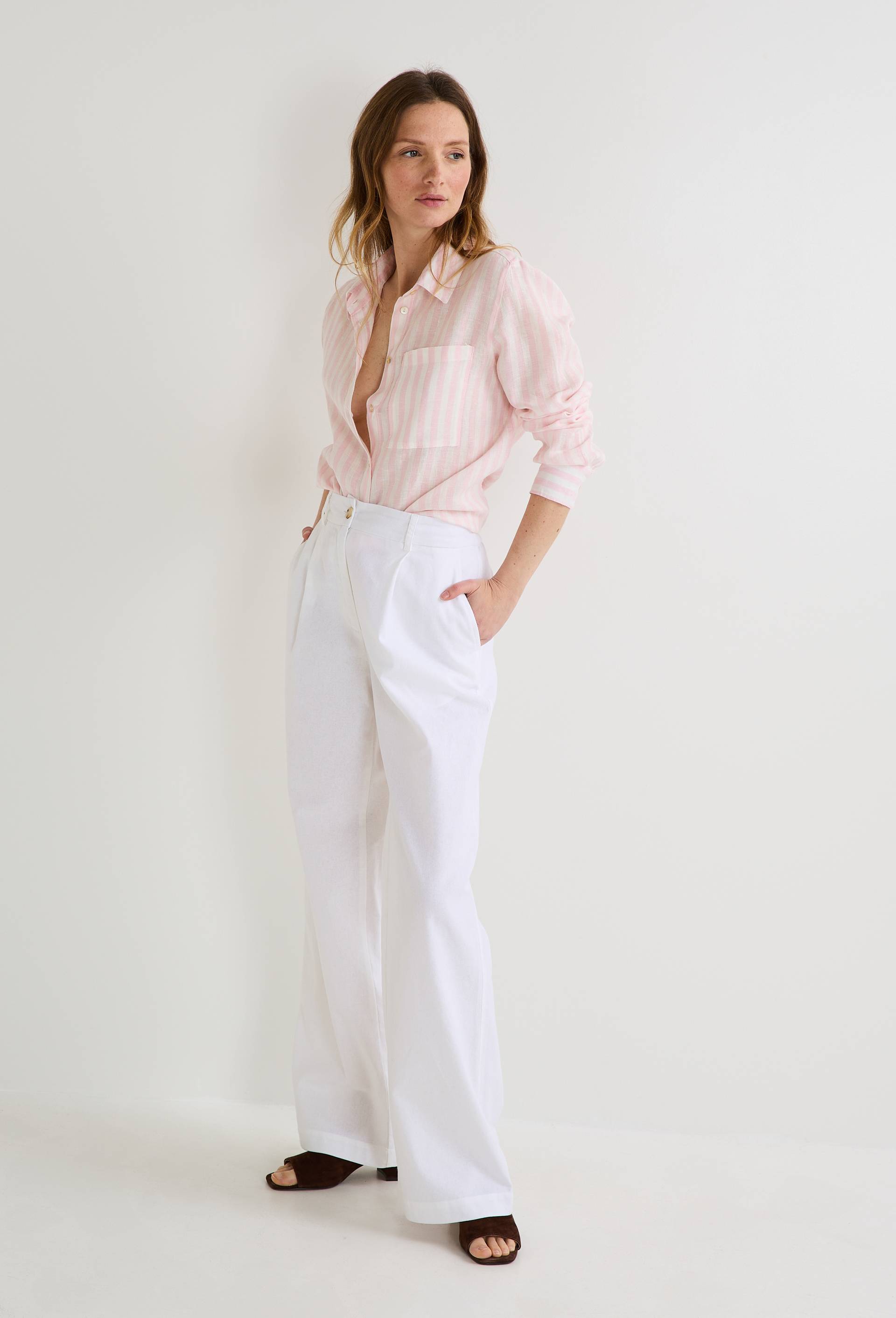 Pantalon large taille haute en lin et coton, Blanc, swatch image