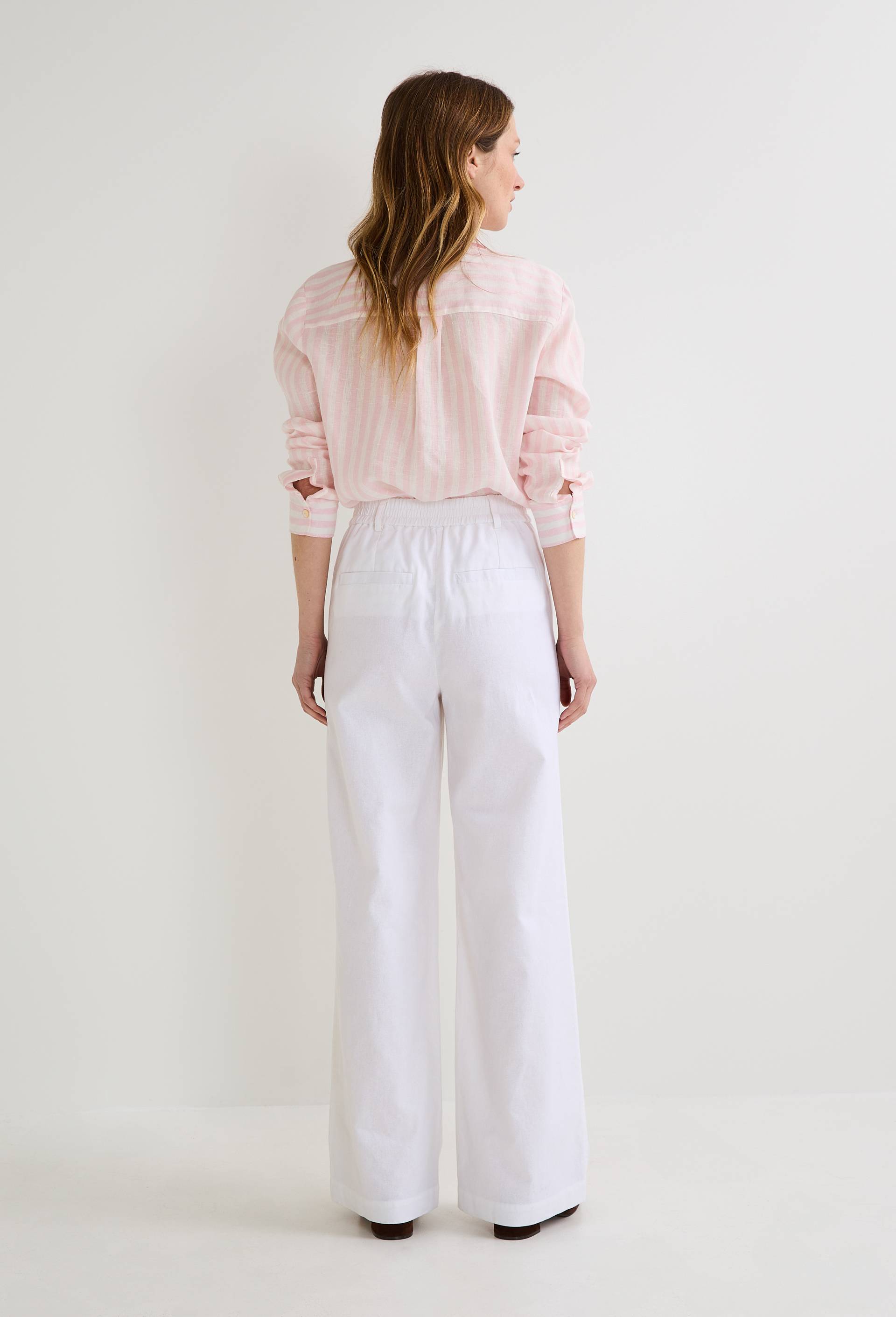 Pantalon large taille haute en lin et coton, Blanc, large image number 1