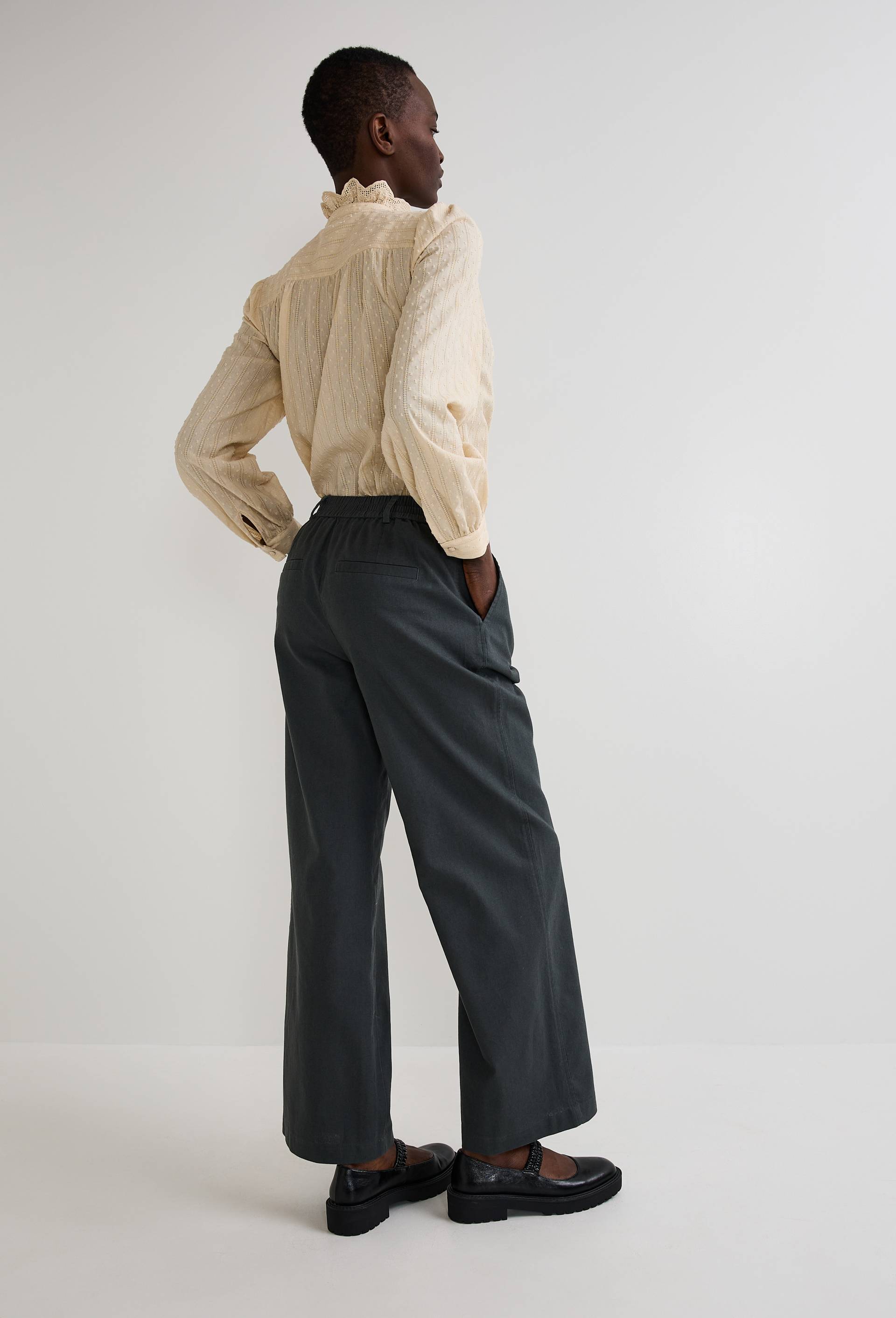 Pantalon large taille haute en lin et coton, Vert foncé, large image number 1