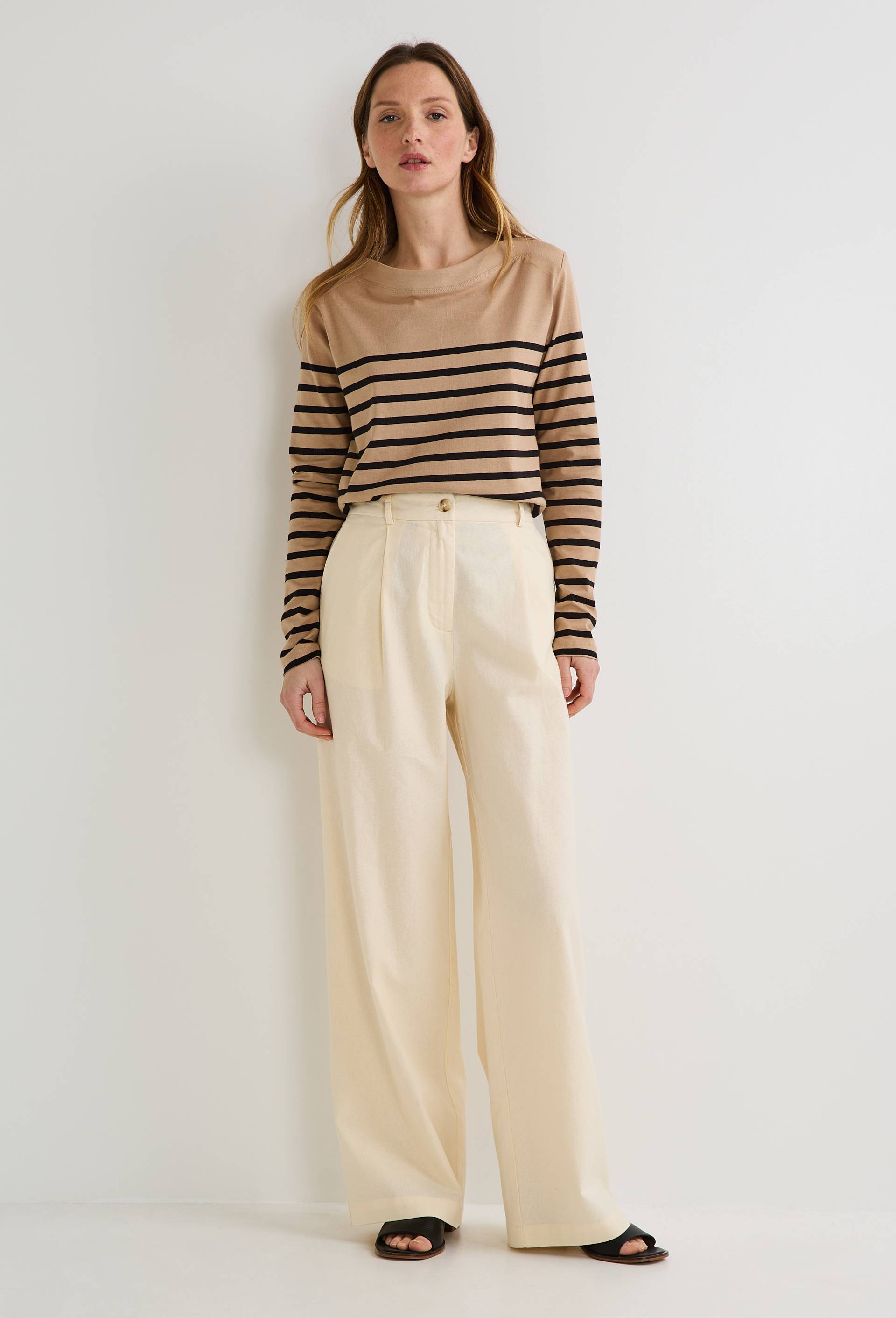 Pantalon large taille haute en lin et coton, Beige clair, swatch image