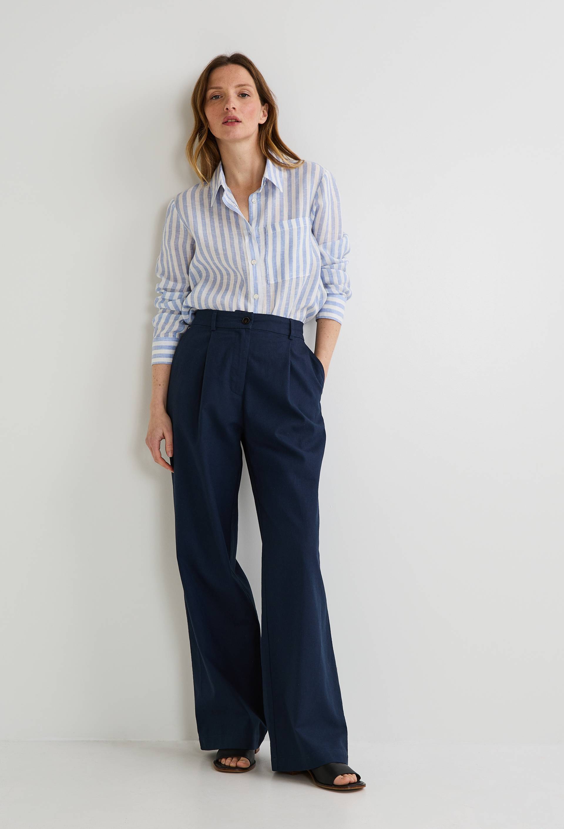 Pantalon large taille haute en lin et coton, Bleu foncé, swatch image