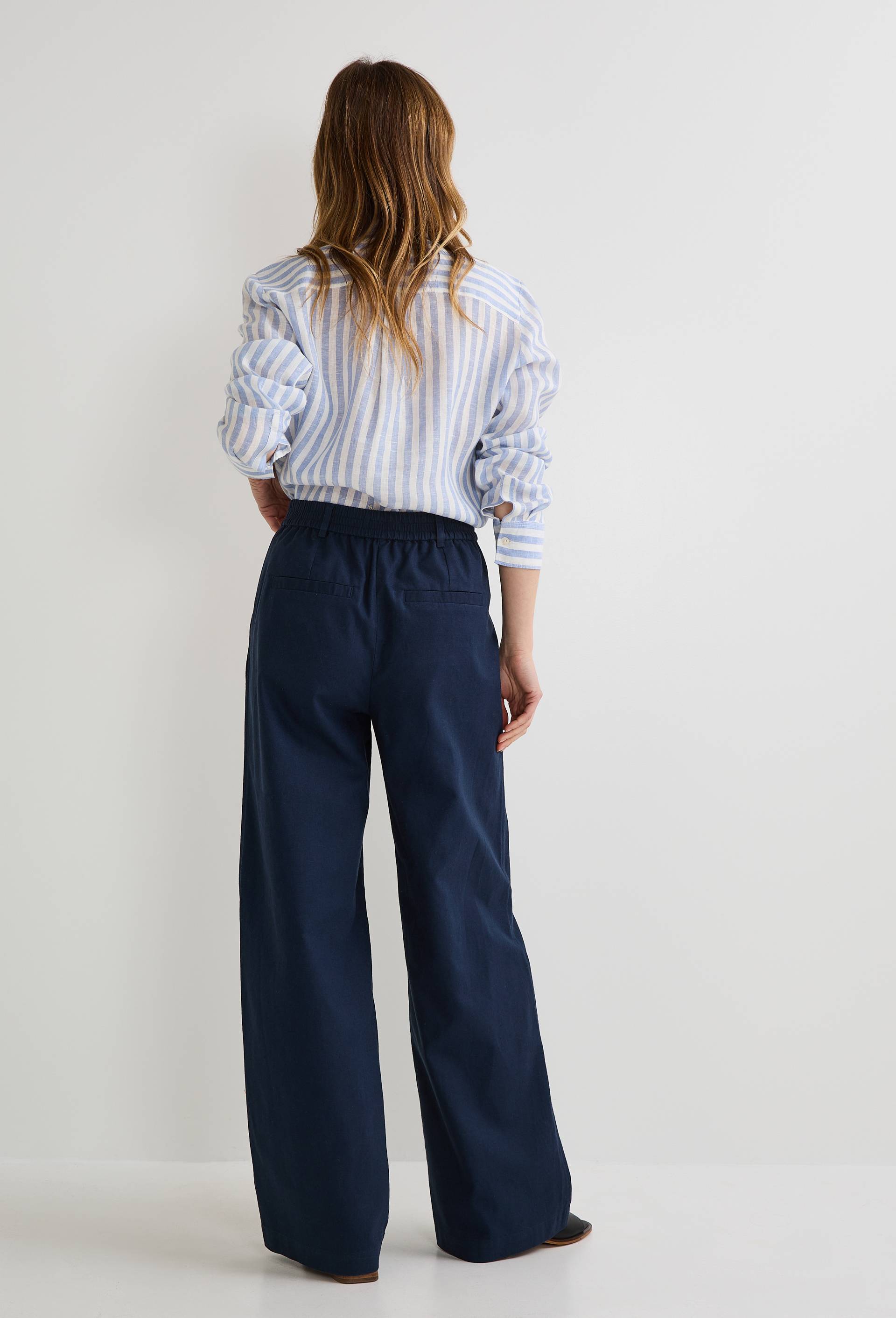 Pantalon large taille haute en lin et coton, Bleu foncé, large image number 1