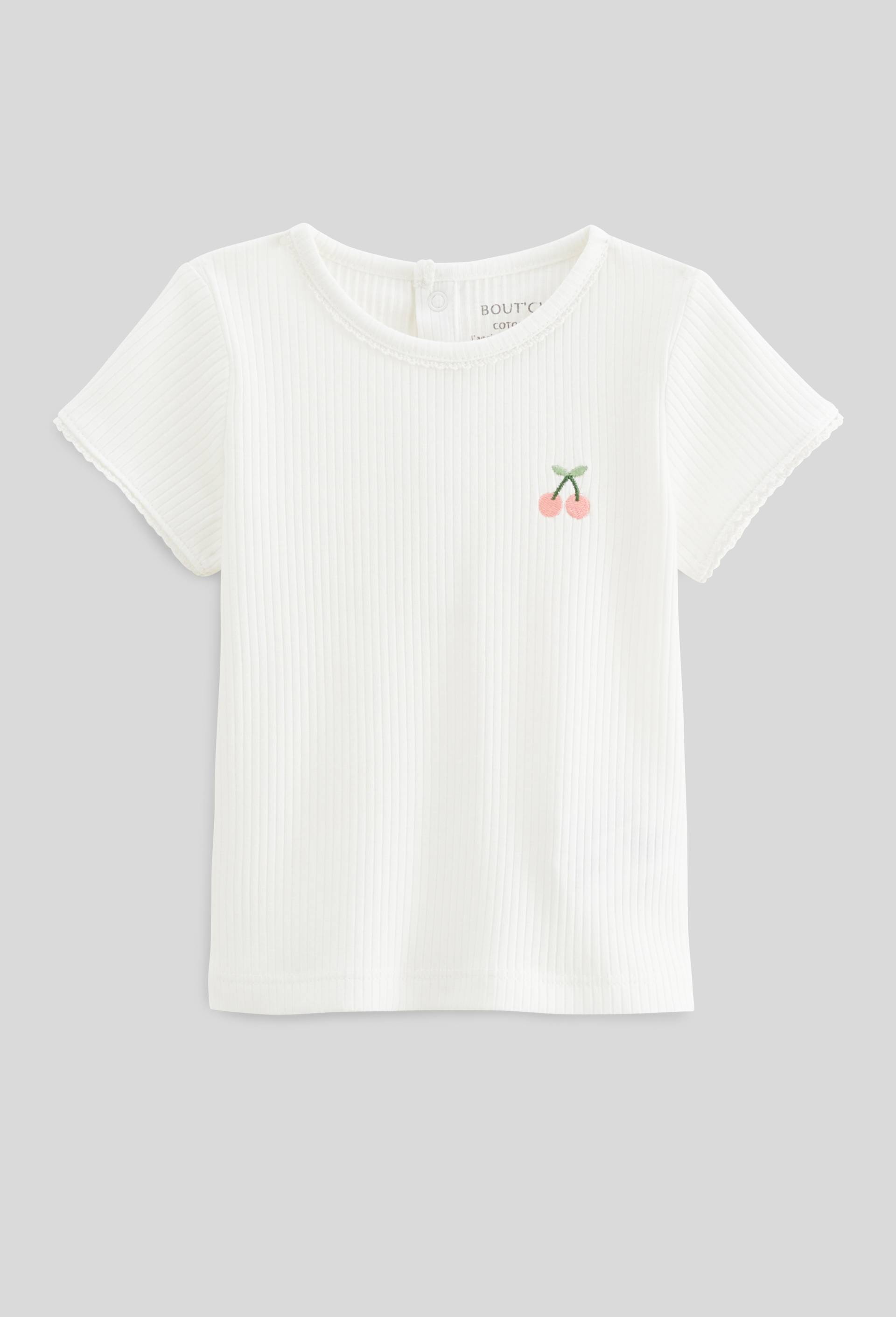 T-shirt manches courtes avec broderie maille c&ocirc;tel&eacute;e en coton BIO GOTS, Ecru, swatch image