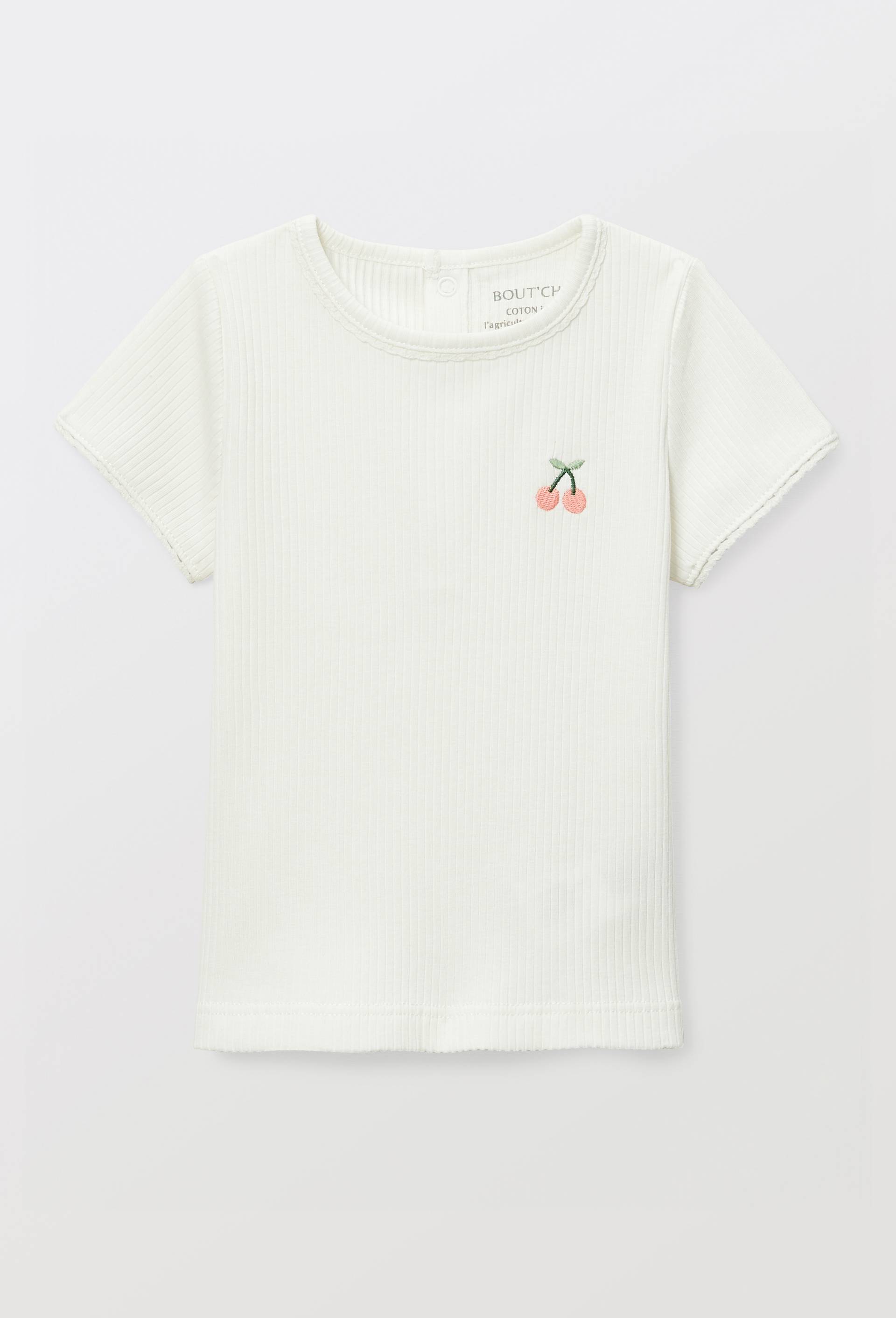 T-shirt manches courtes avec broderie maille c&ocirc;tel&eacute;e en coton BIO GOTS, Ecru, swatch image