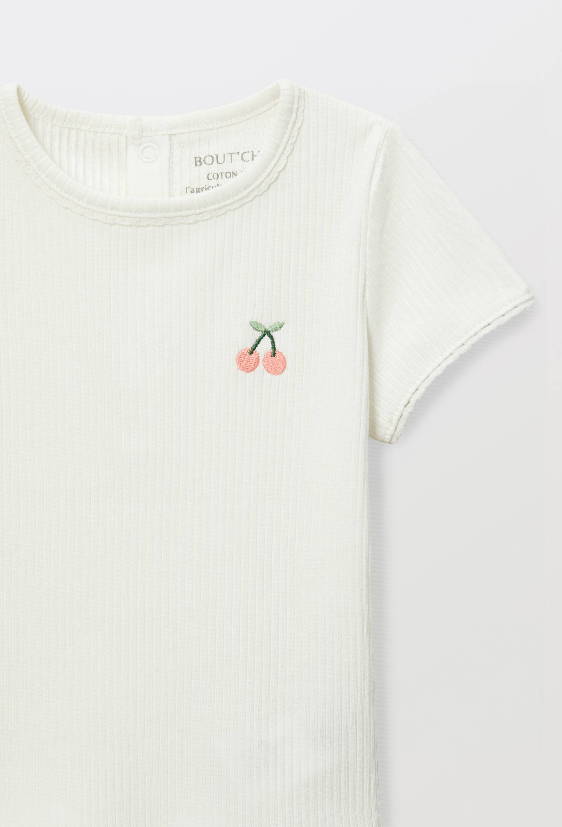 T-shirt manches courtes avec broderie maille c&ocirc;tel&eacute;e en coton BIO GOTS, Ecru, large image number 3