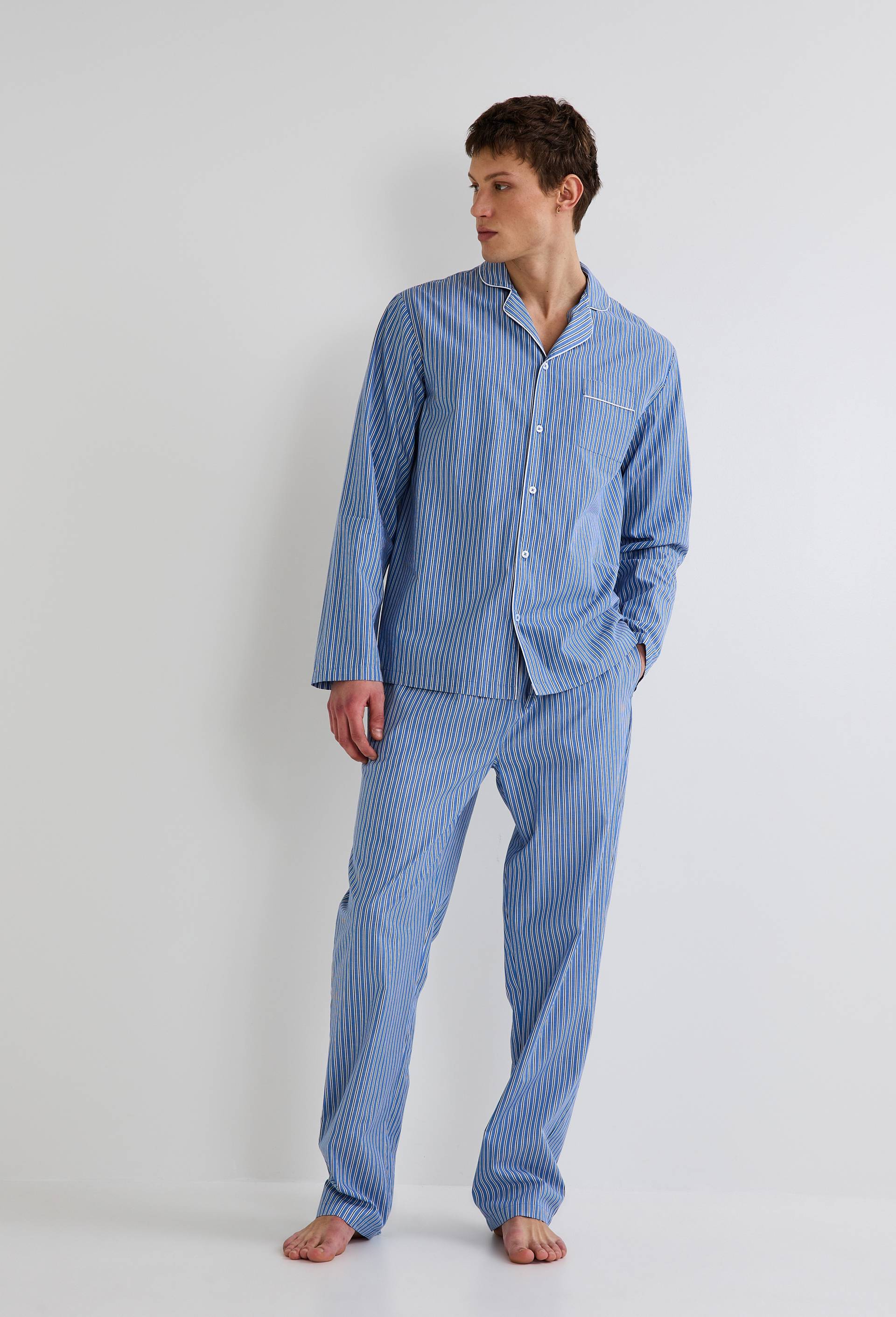 Pyjama chemise manches longues ray&eacute; et Pantalon ray&eacute; en coton BIO GOTS, Bleu fonc&eacute;, large image number 0