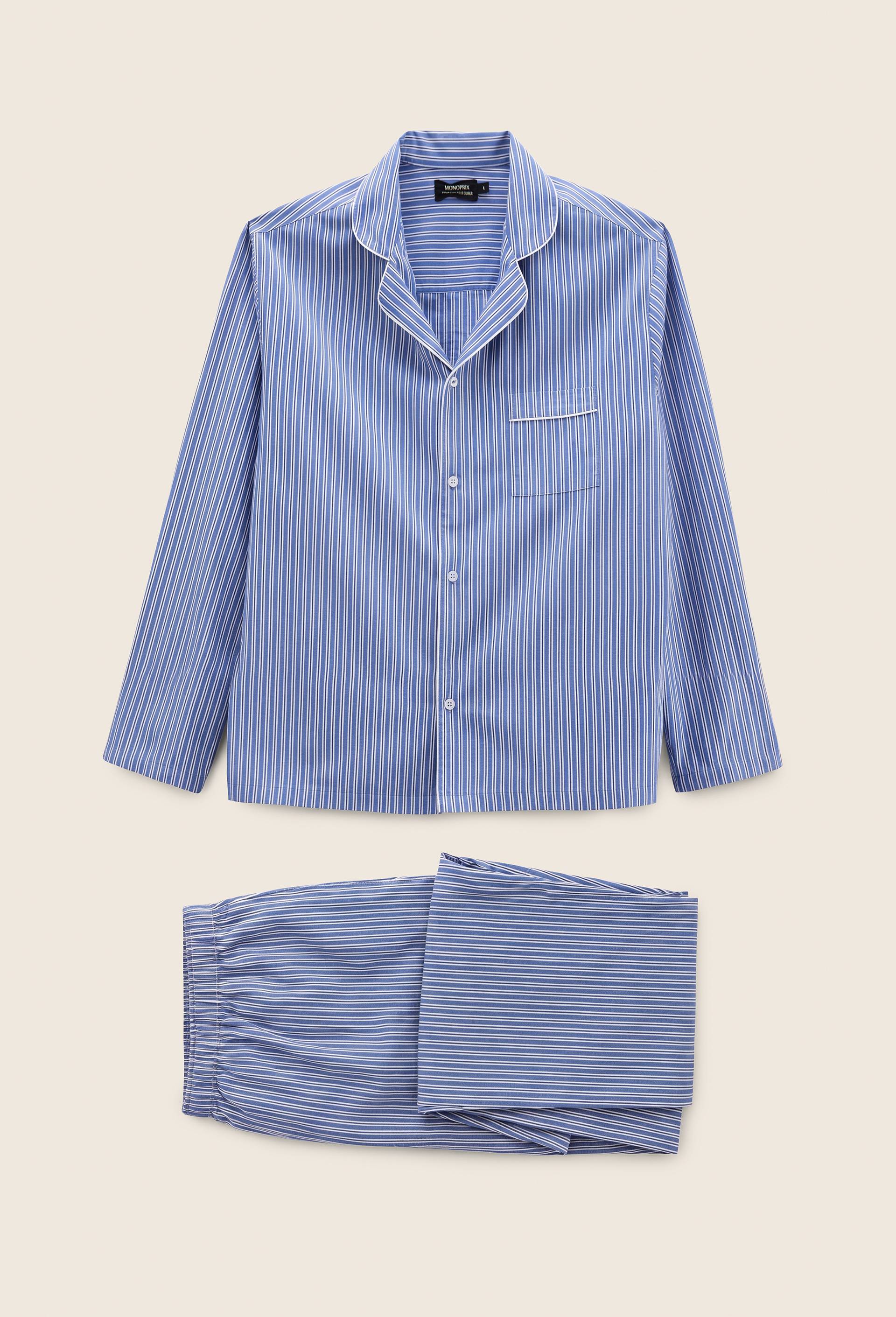 Pyjama chemise manches longues ray&eacute; et Pantalon ray&eacute; en coton BIO GOTS, Bleu fonc&eacute;, large image number 0