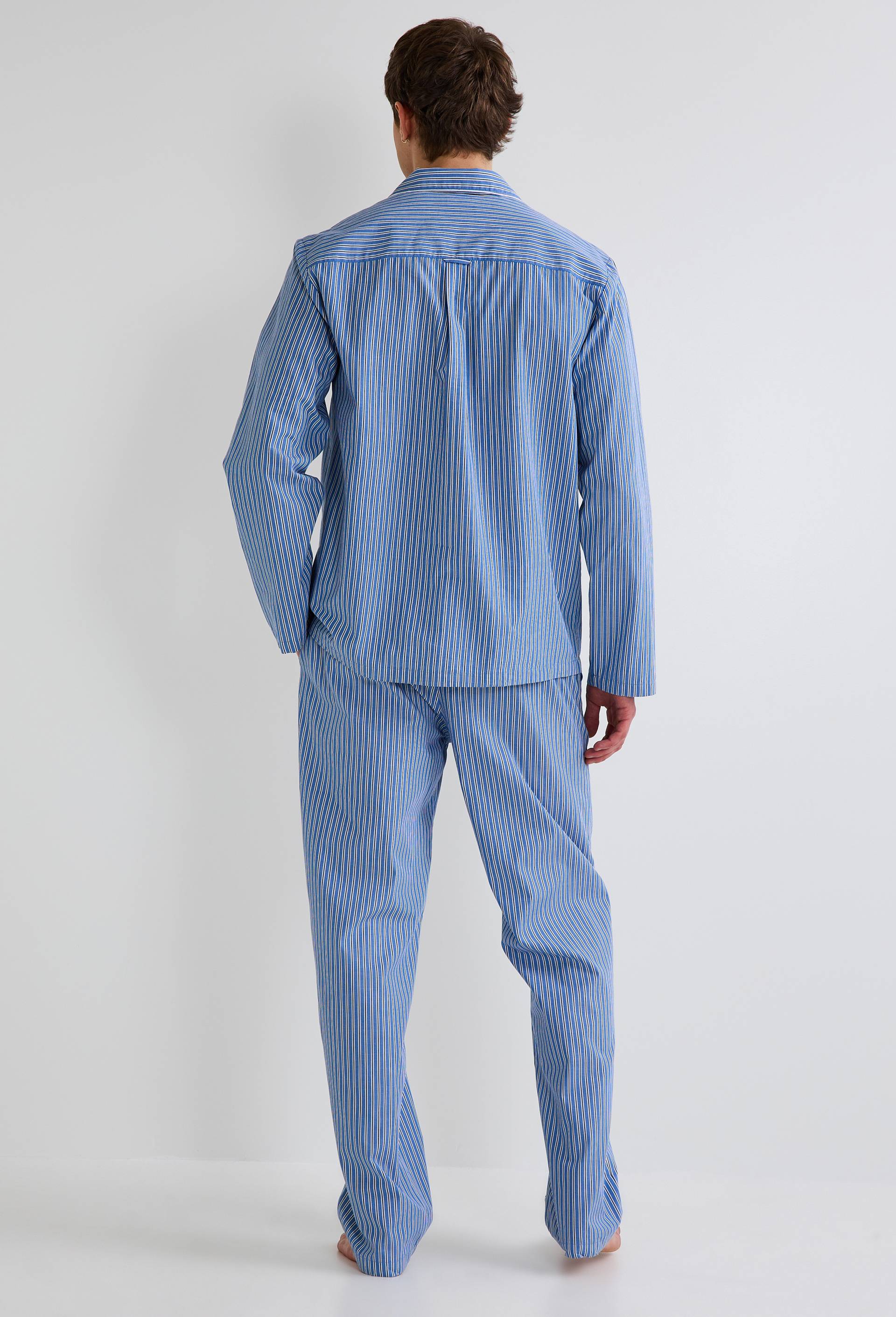 Pyjama chemise manches longues ray&eacute; et Pantalon ray&eacute; en coton BIO GOTS, Bleu fonc&eacute;, large image number 1