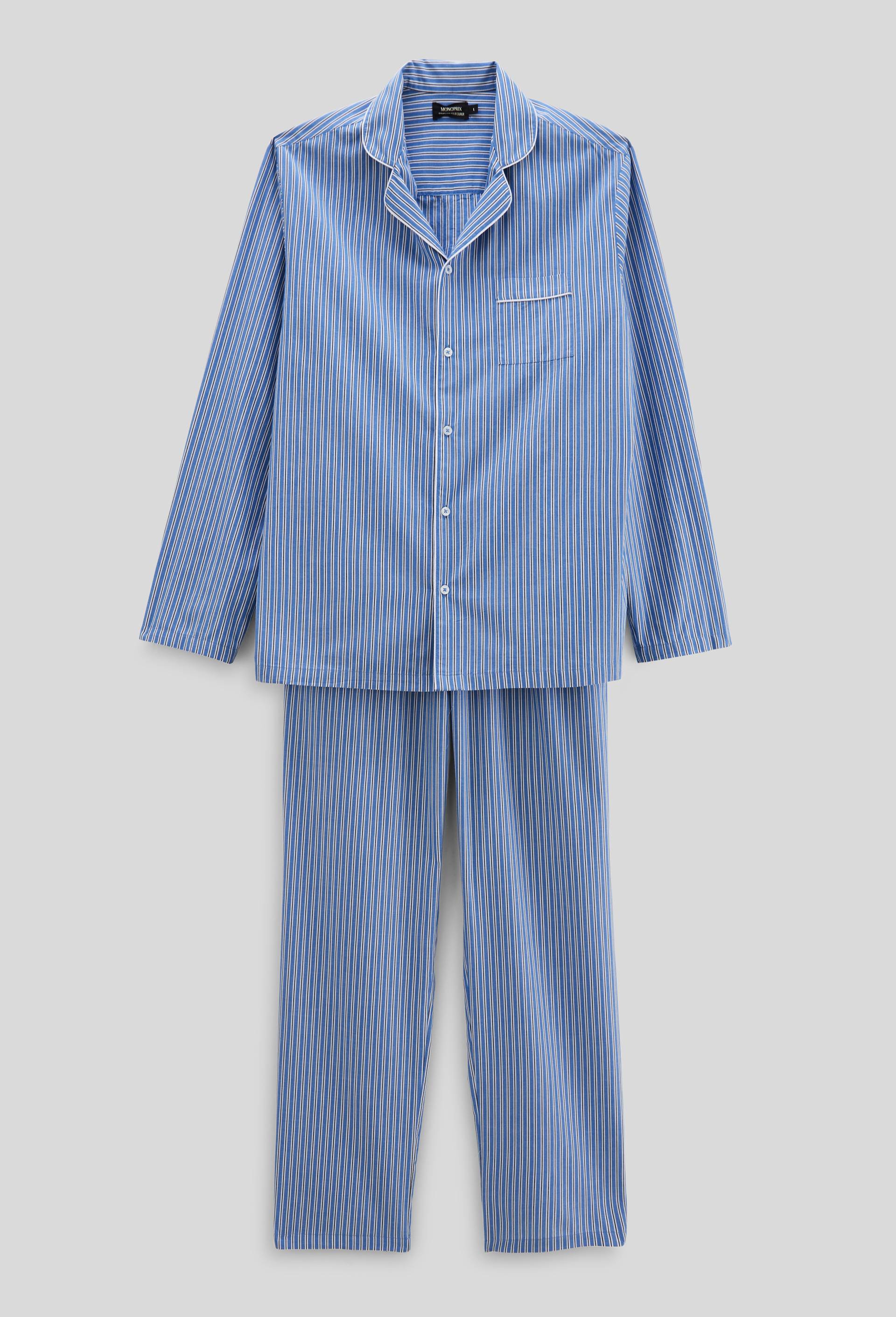 Pyjama chemise manches longues ray&eacute; et Pantalon ray&eacute; en coton BIO GOTS, Bleu fonc&eacute;, large image number 2